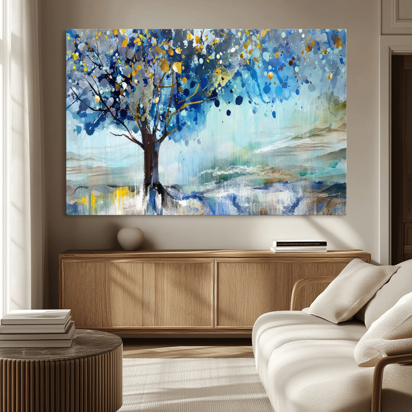 17018-MGV-CV-36X24-Abstract Blue Tree Wall Art – Colorful Canvas Painting with Gold and Silver Accents, Modern Nature Artwork for Living Room,