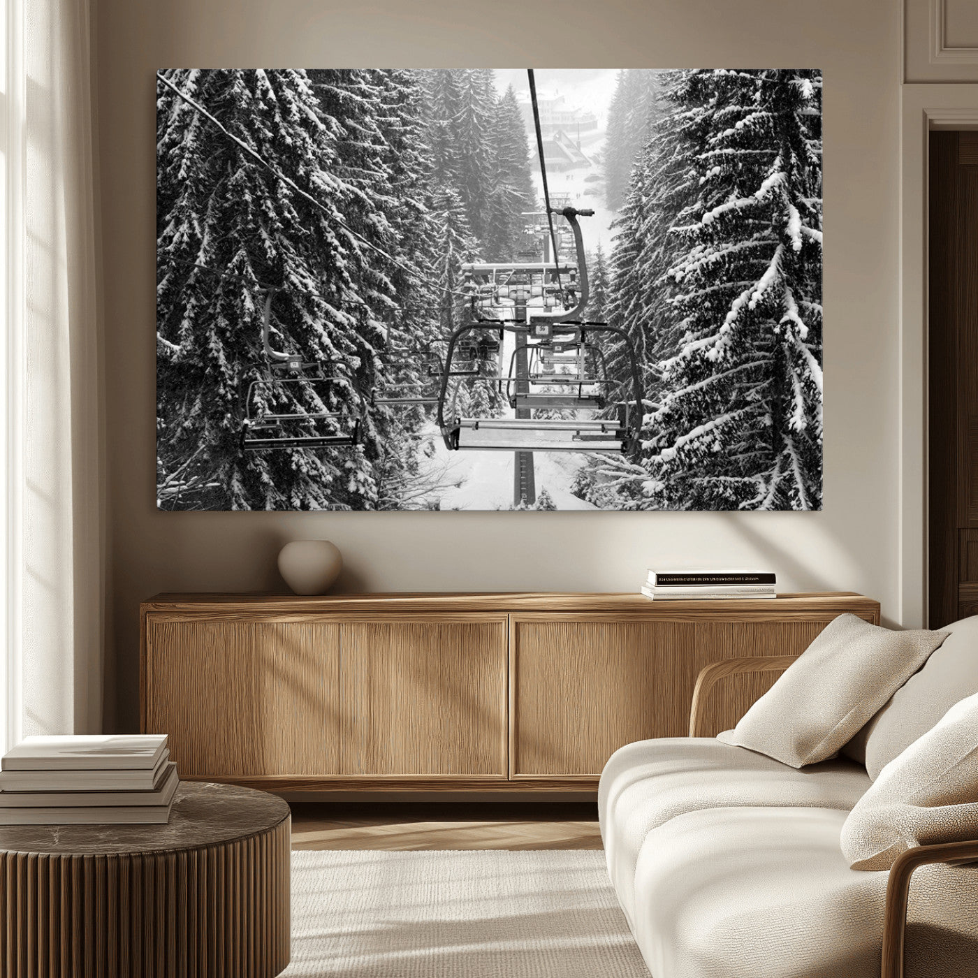19240-MGV-CV-36X24-Ski Lift Wall Art – Black and White Winter Mountain Canvas Print, Snowy Forest Ski Resort Photography for Cabin, Lodge, Office or