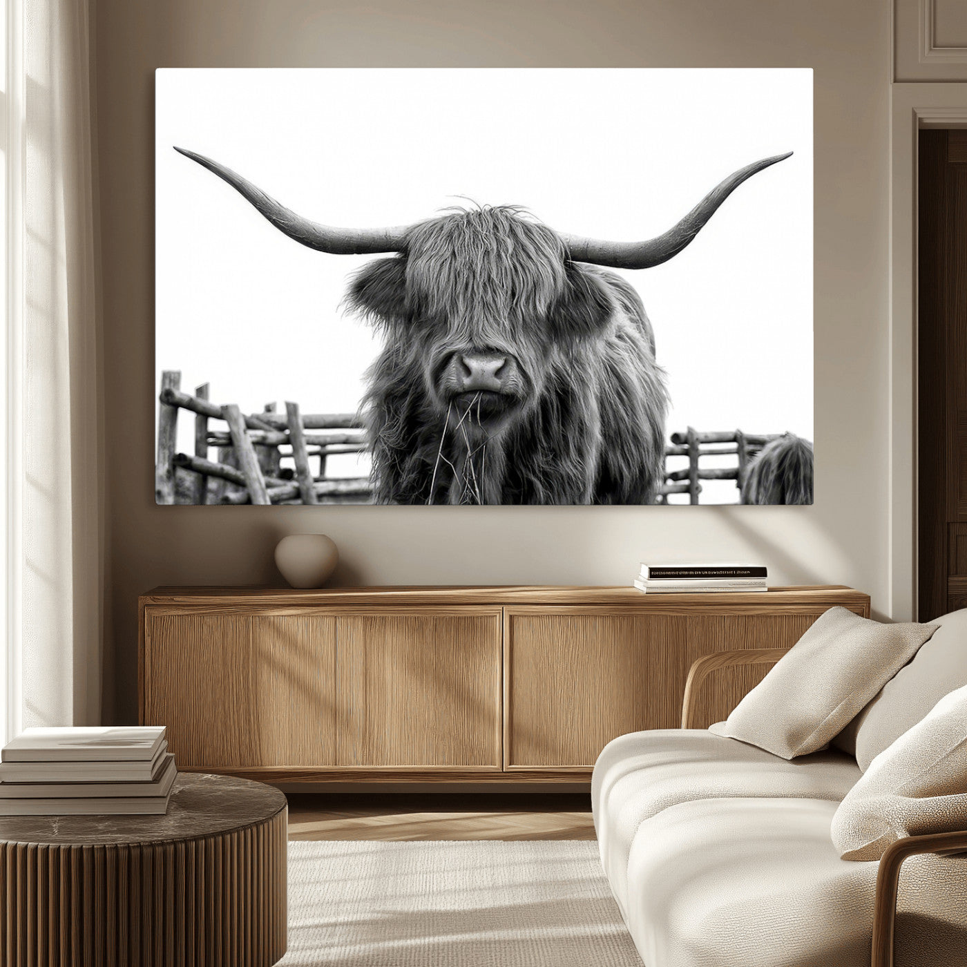 58188-MGV-CV-36X24-Highland Cow Wall Art – Black and White Rustic Farmhouse Canvas Print, Longhorn Cattle Photography Decor for Living Room or