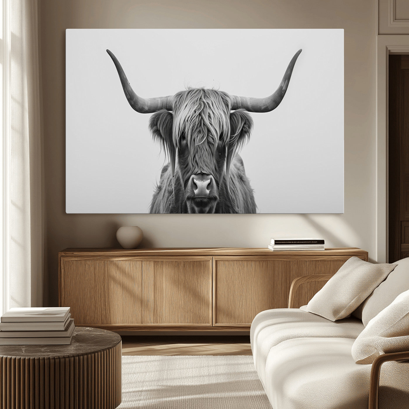 35820-MGV-CV-36X24-Minimalist Highland Cow Wall Art – Black and White Longhorn Cattle Canvas Print, Modern Farmhouse Animal Photography Decor for