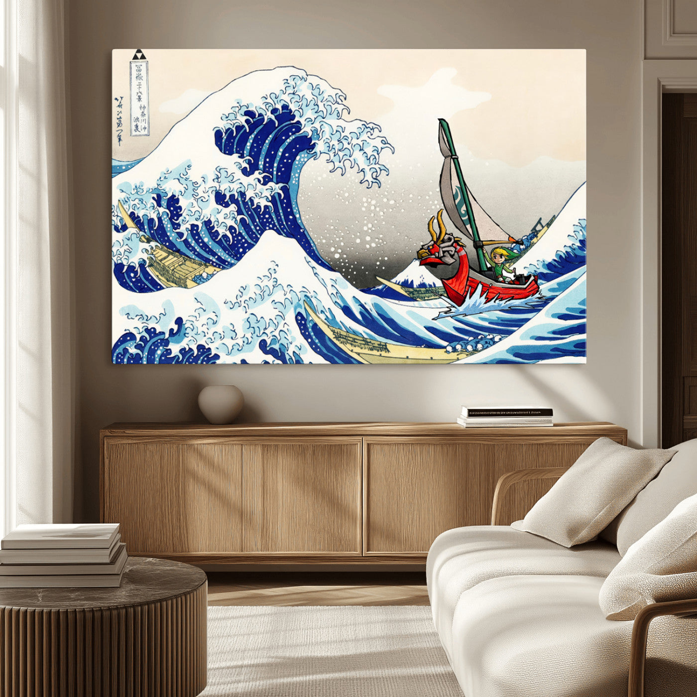 19450-MGV-CV-36X24-Great Wave Adventure Wall Art – Japanese Style Ocean Canvas Print, Fantasy Sailing Decor for Living Room, Bedroom or Office