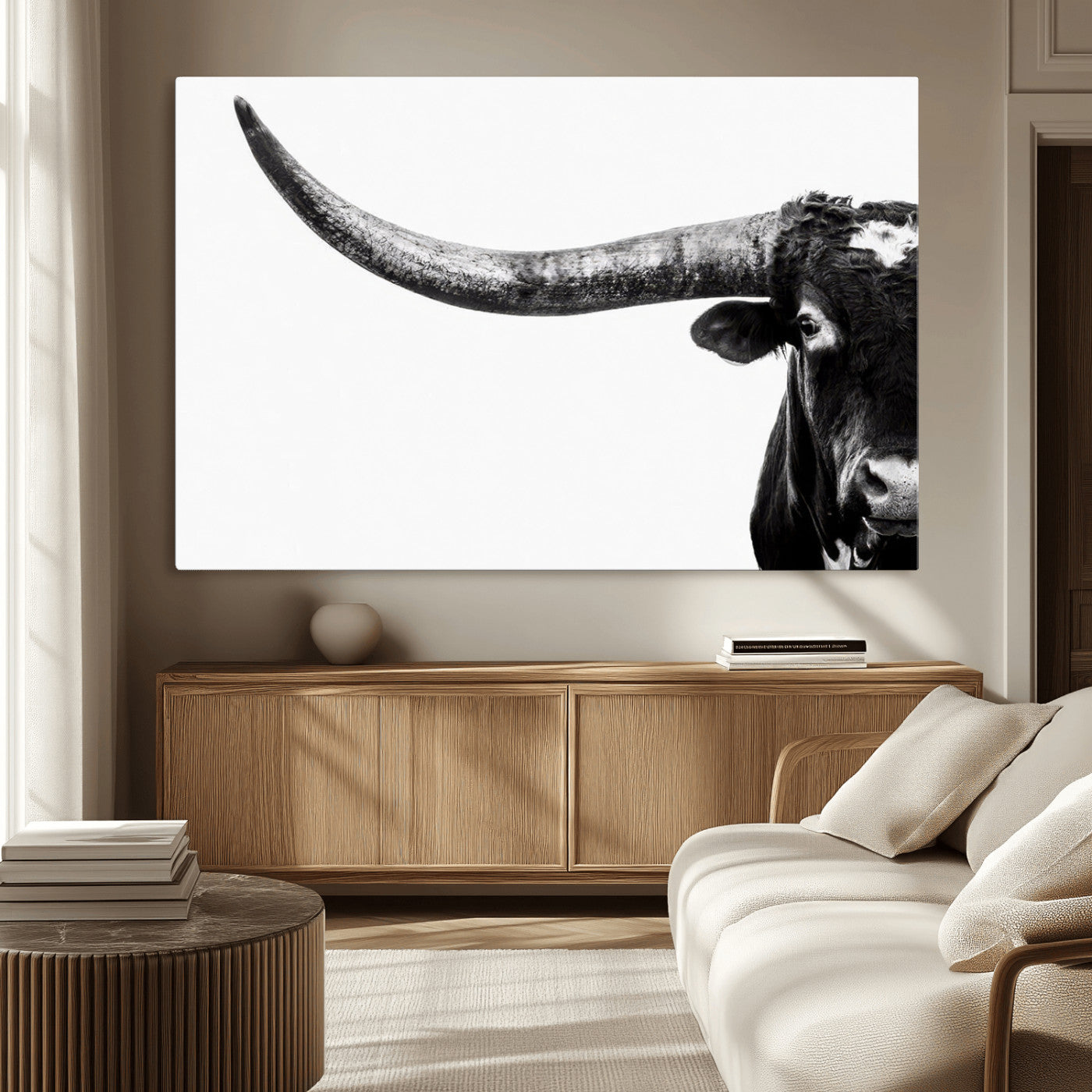 31699-MGV-CV-36X24-Longhorn Wall Art – Black and White Texas Longhorn Cow Canvas Print, Rustic Western Farmhouse Artwork for Living Room, Bedroom or