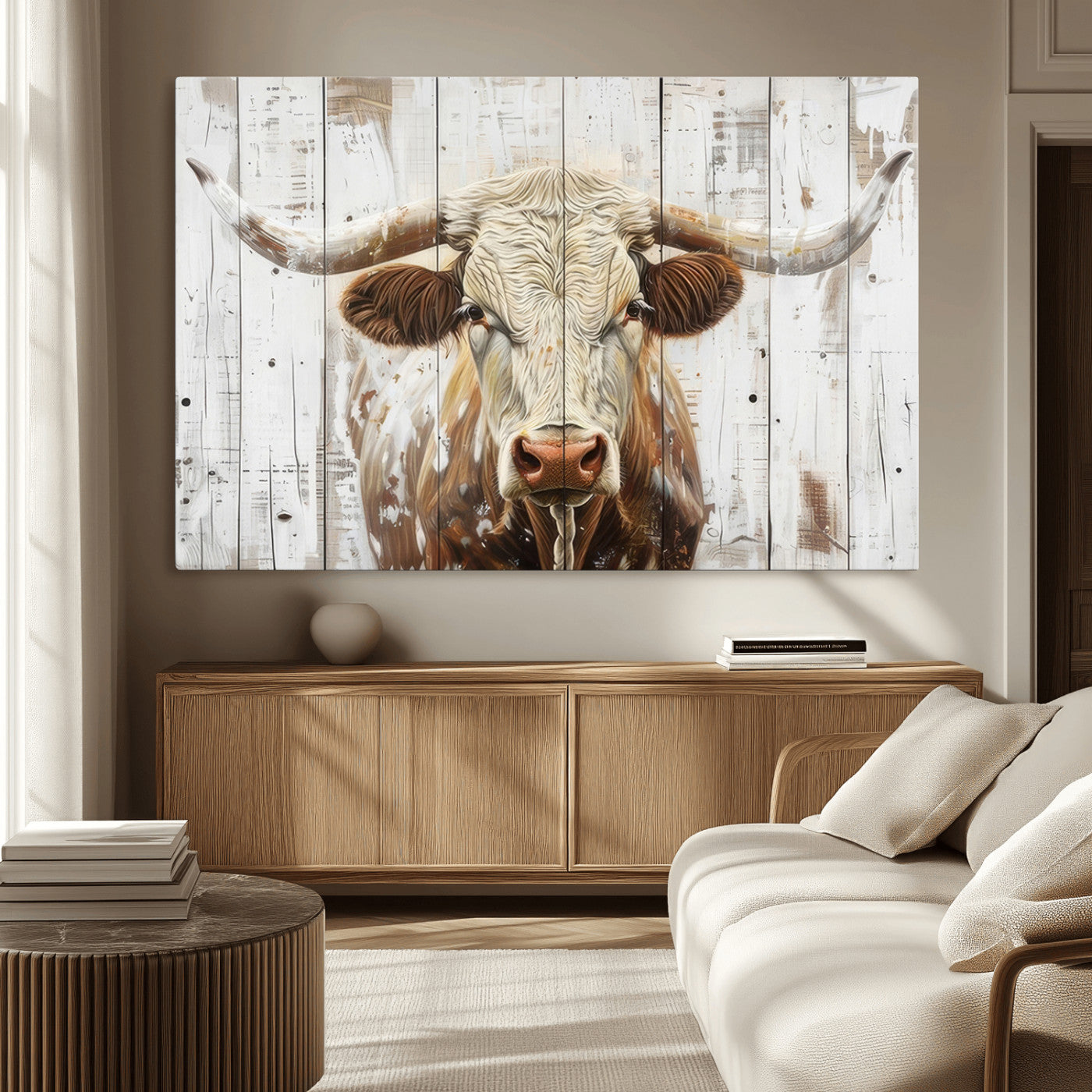 71551-MGV-CV-36X24-Longhorn Bull Wall Art – Rustic Western Cow Canvas Print, Farmhouse Animal Painting with Wood Plank Style for Living Room, Office