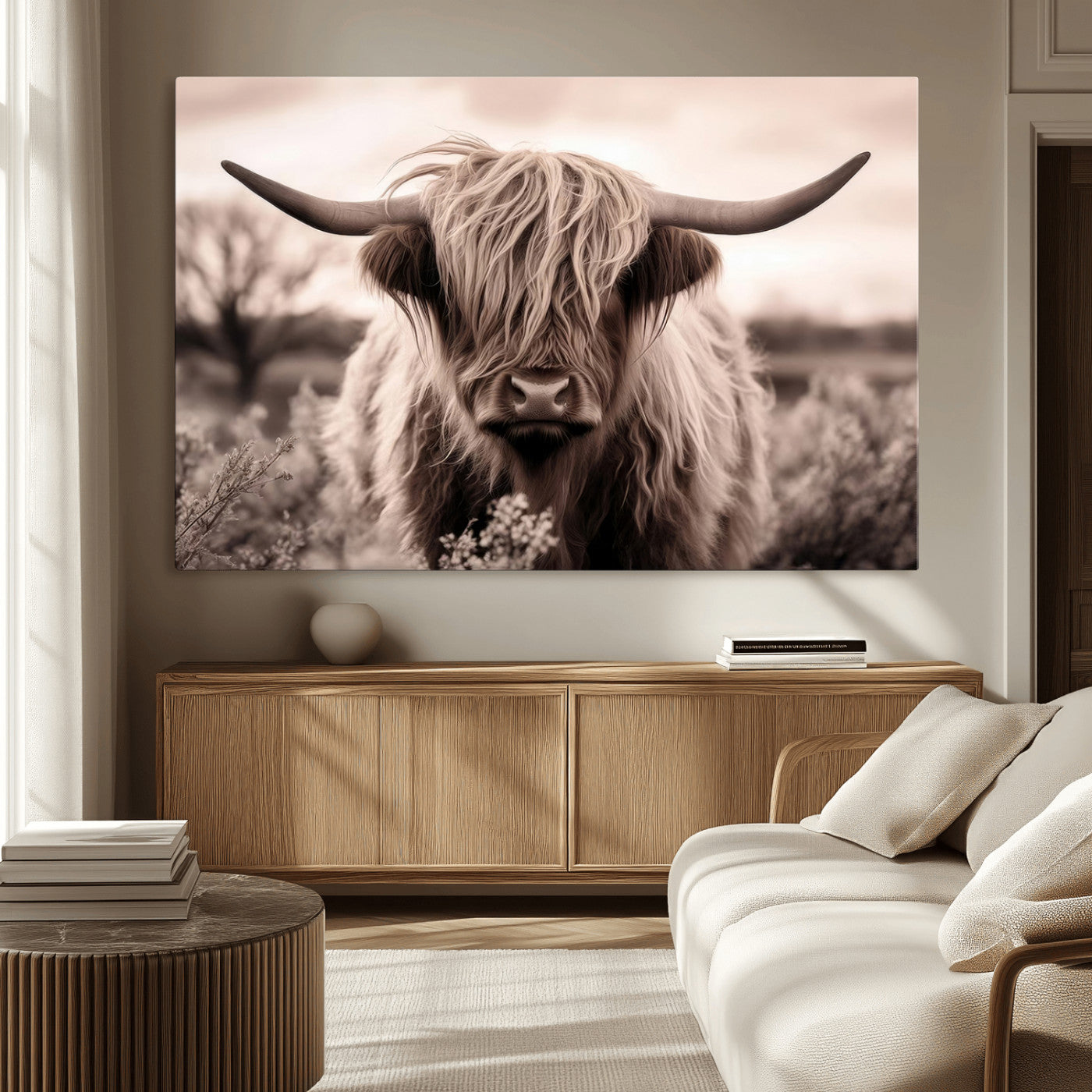 55903-MGV-CV-36X24-Highland Cow Wall Art – Rustic Sepia Scottish Highland Bull Canvas Print, Farmhouse Country Animal Decor for Living Room, Bedroom