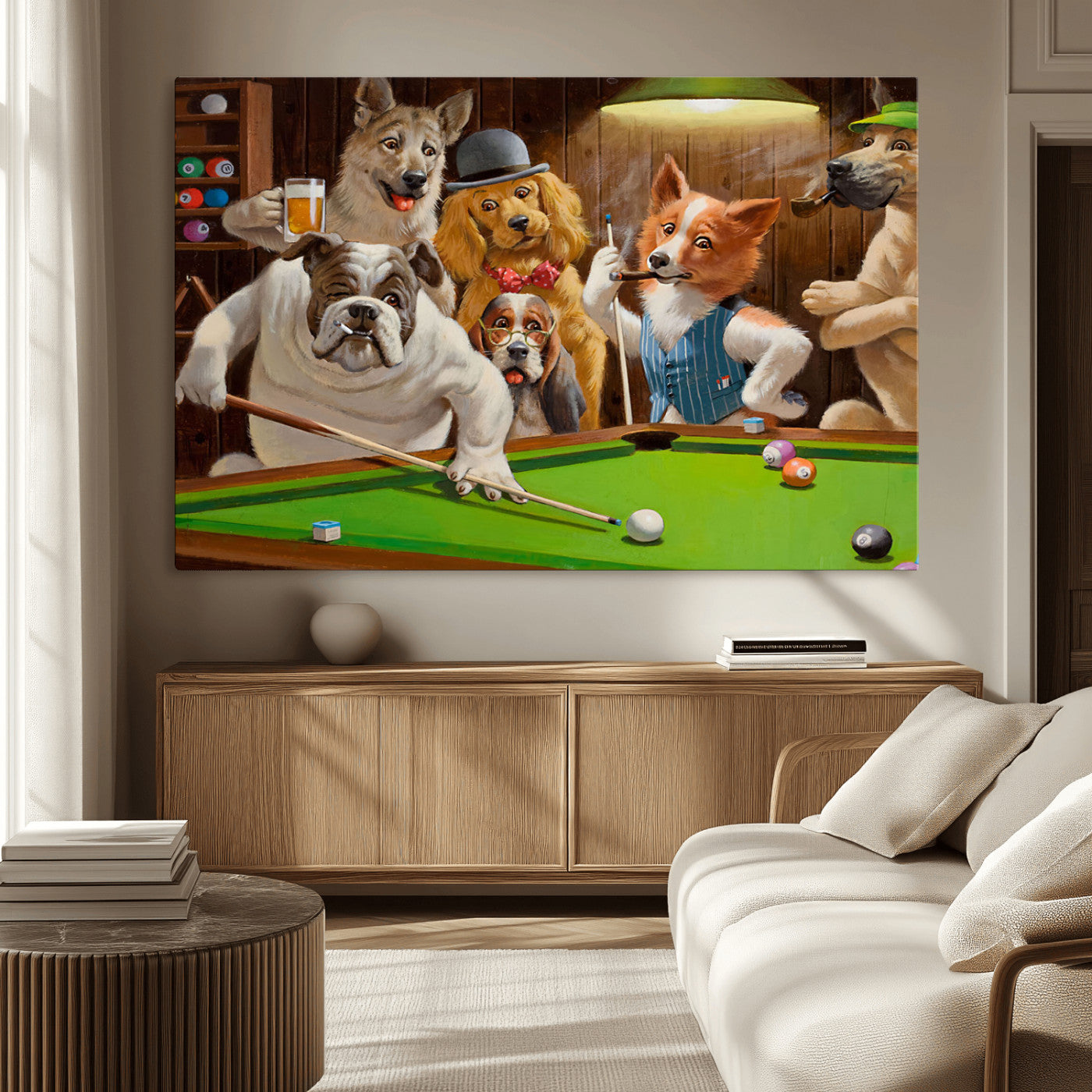 34228-MGV-CV-36X24-Dogs Playing Pool Wall Art Canvas Print, Framed Funny Dog Art Picture Print, Dog Perfect Game Room Decor Artwork