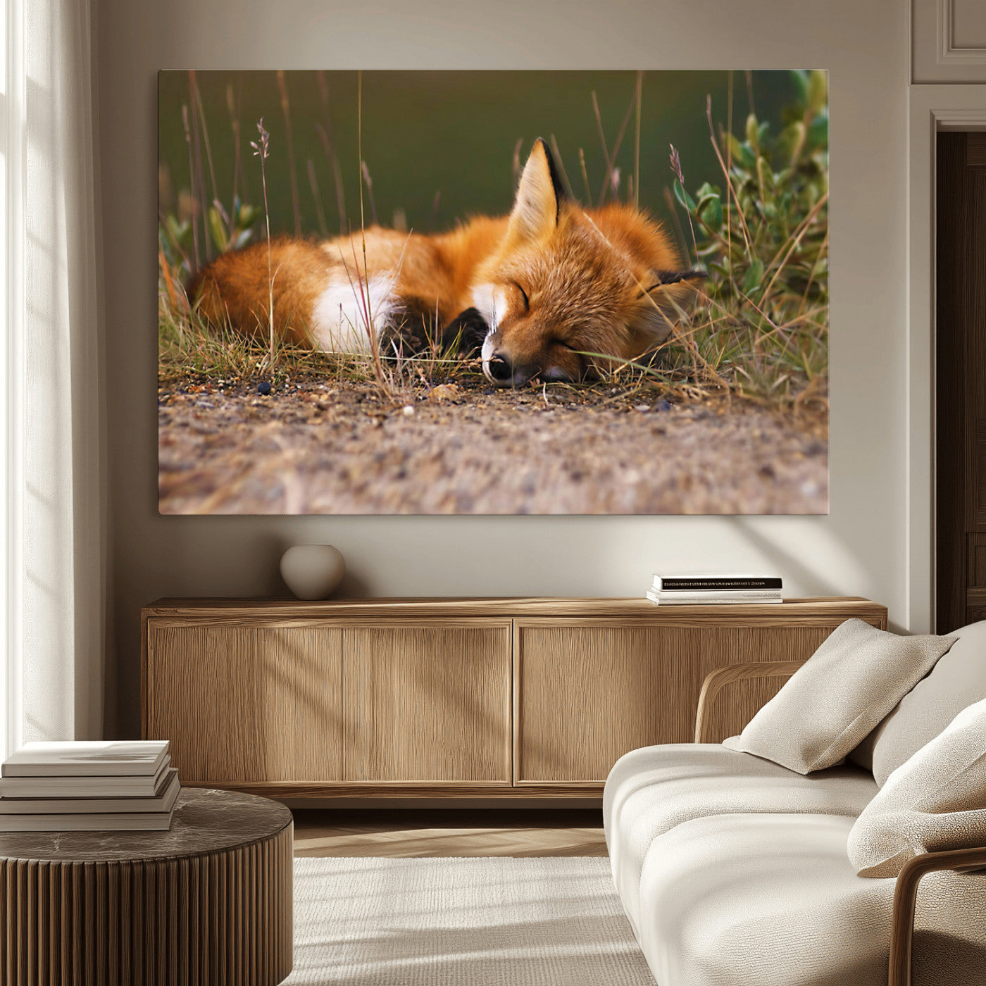 25085-MGV-CV-36X24-Sleeping Fox Wall Art Canvas Print, Framed Rustic Fox Art Picture Print, Wildlife Animal Perfect Rustic Farmhouse Decor Artwork