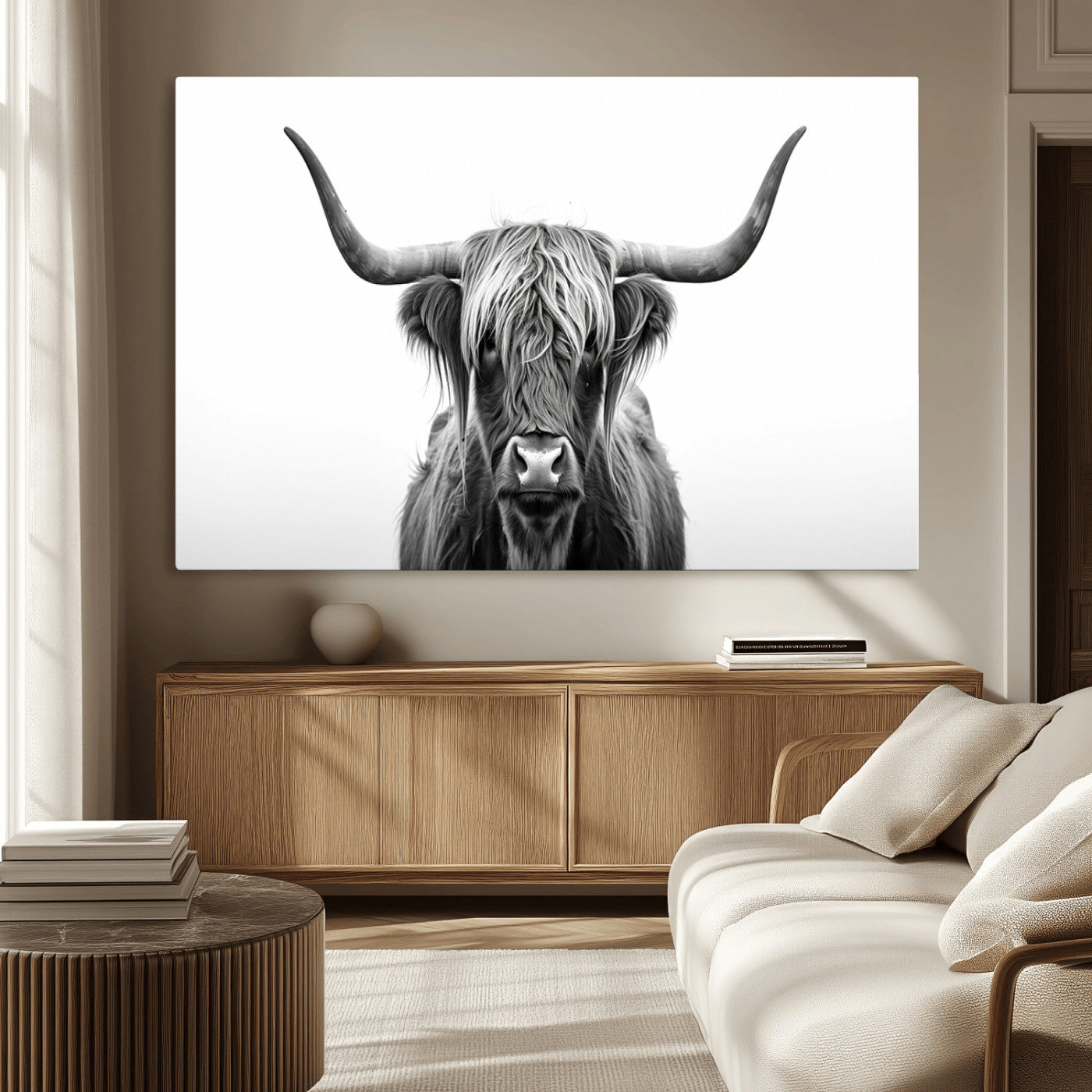 49556-MGV-CV-36X24-Highland Cow Wall Art – Black and White Scottish Highland Cattle Print, Rustic Farmhouse Minimalist Animal Portrait Canvas for