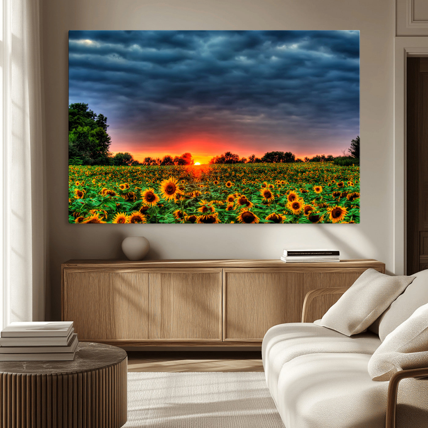 45045-MGV-CV-36X24-Sunflower Field Sunset Wall Art – Dramatic Stormy Sky Landscape Print, Vibrant Yellow Floral Nature Canvas for Living Room,