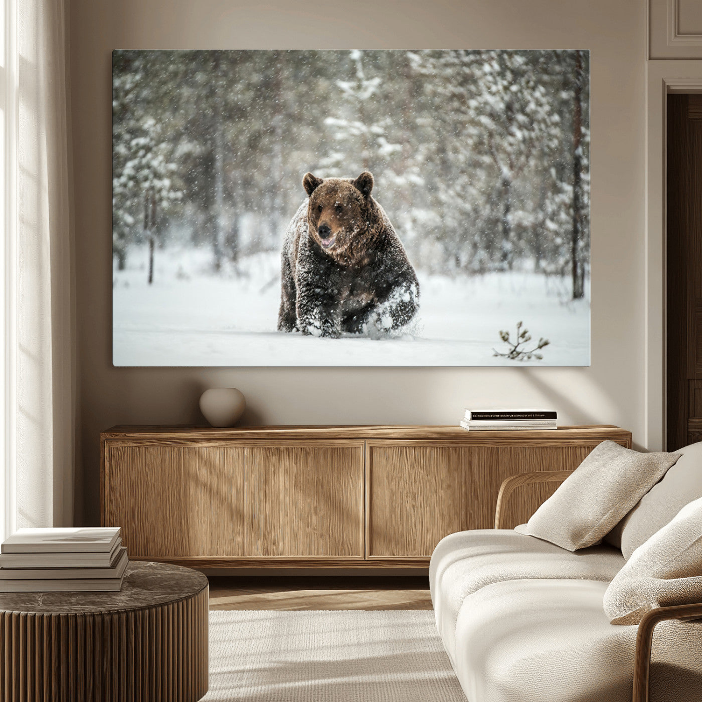 43350-MGV-CV-36X24-Wild Bear in Snow Wall Art – Majestic Wildlife Photography Print, Winter Forest Nature Decor for Cabin, Lodge, Rustic Home,