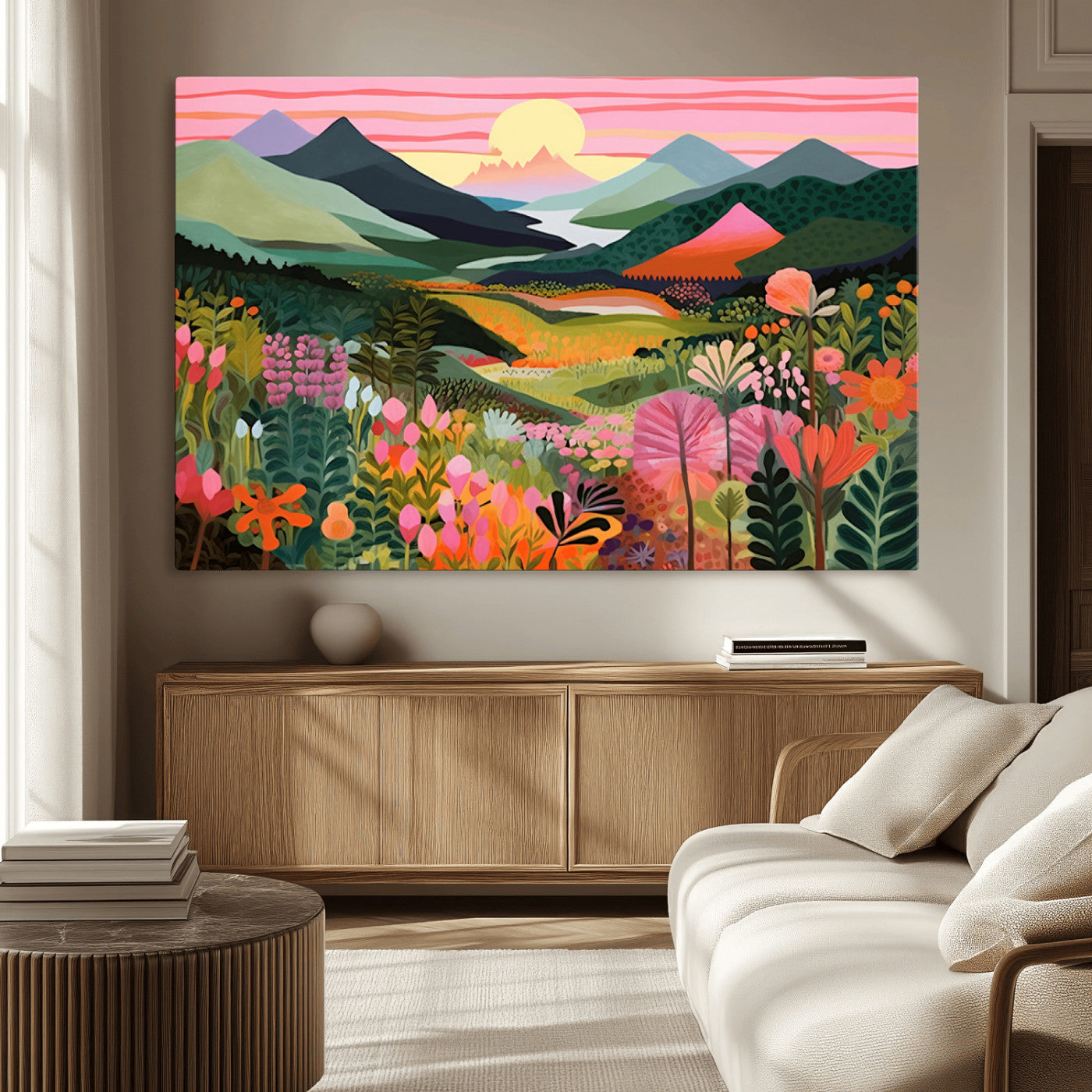 99638-MGV-CV-36X24-Sunset Meadow Wall Art – Panoramic Mountain Landscape with Wildflowers Canvas Print, Vibrant Nature Decor for Living Room, Bedroom
