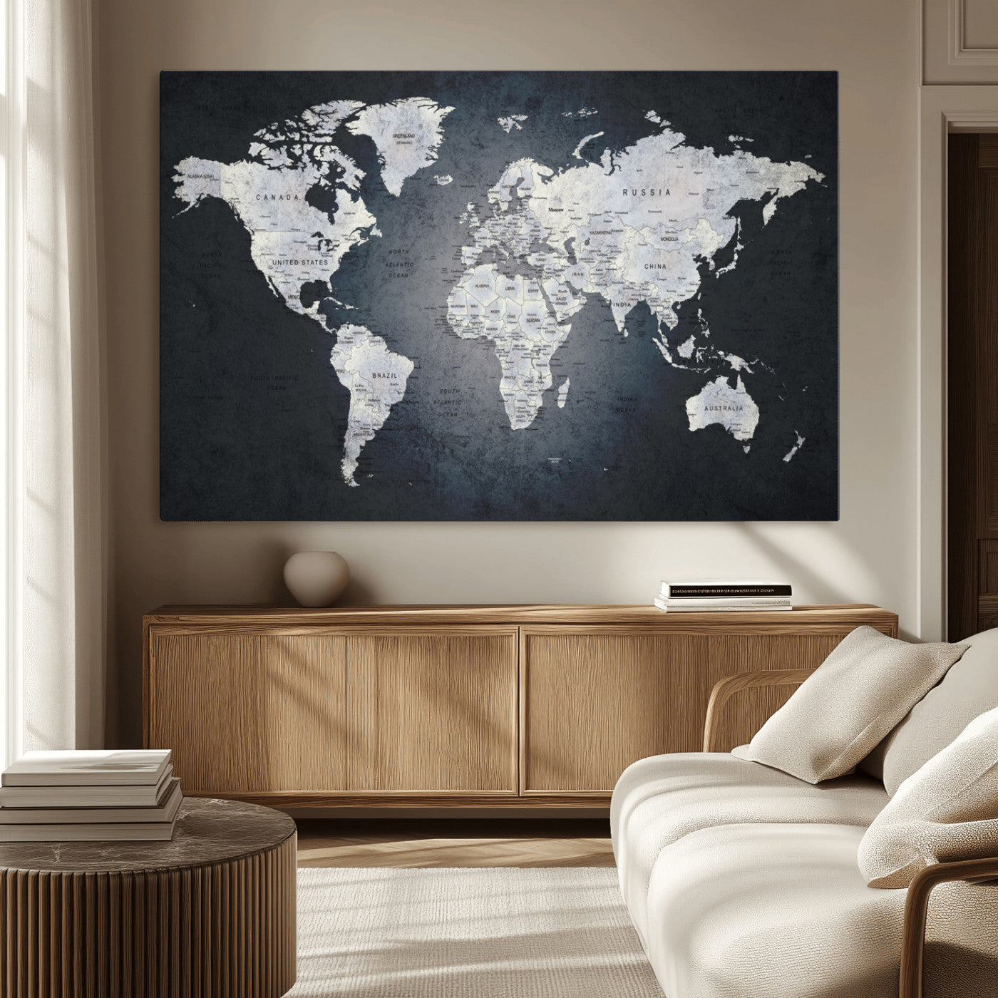 19124-MGV-CV-36X24-Modern World Map Wall Art – Black and White Canvas Print, Minimalist Global Map Decor for Office, Study, Bedroom or Living Room