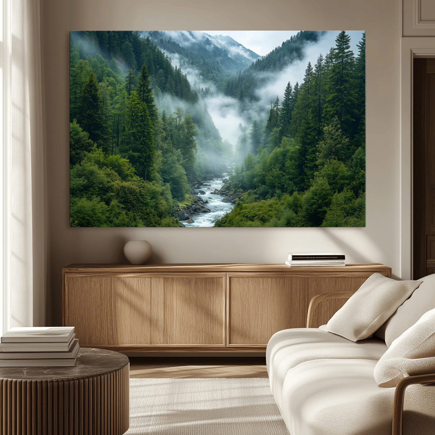 69453-MGV-CV-36X24-Mountain Forest Wall Art – Misty River and Evergreen Landscape Canvas Print, Nature Photography Poster for Living Room, Bedroom,