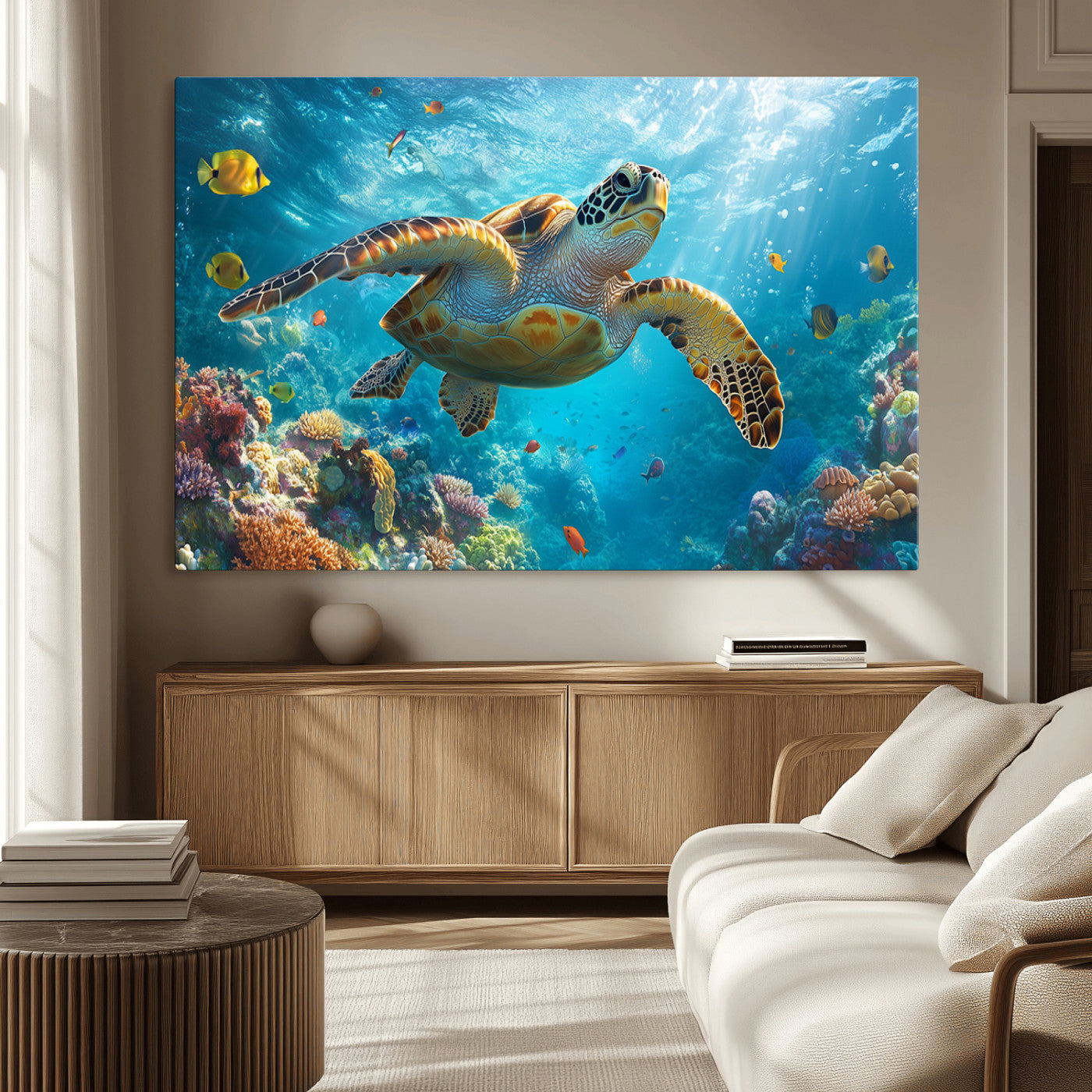 37623-MGV-CV-36X24-Sea Turtle Wall Art – Underwater Ocean Canvas Print with Coral Reef and Tropical Fish, Marine Life Painting Poster for Living