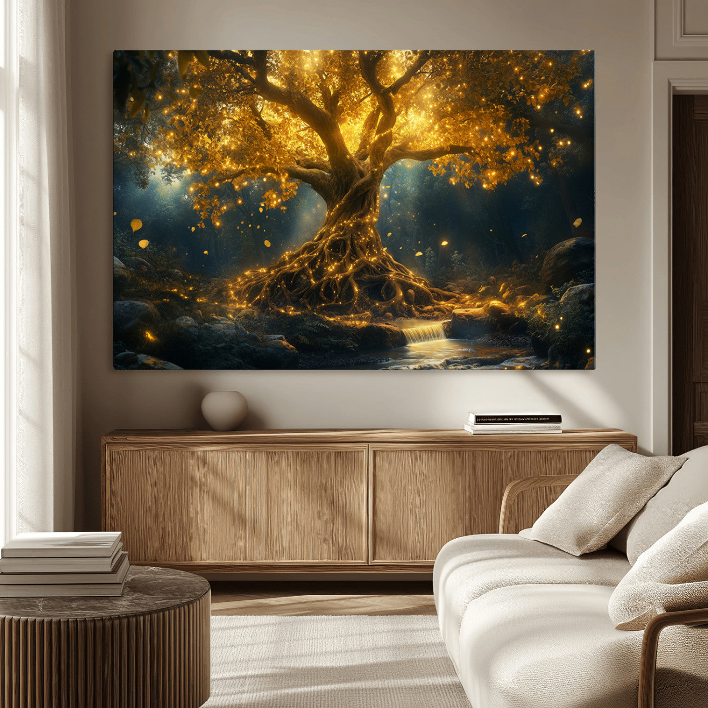 92739-MGV-CV-36X24-Glowing Tree Wall Art – Enchanted Golden Forest Canvas Print, Mystical Illuminated Nature Painting Poster for Living Room,