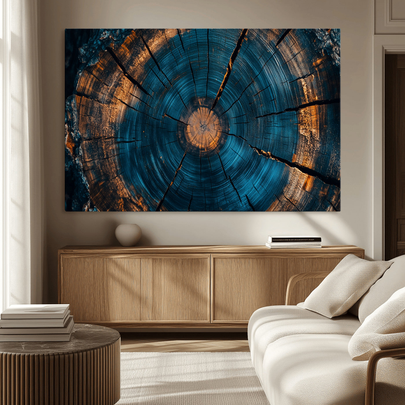 65231-MGV-CV-36X24-Blue and Gold Tree Ring Wall Art – Rustic Abstract Wood Slice Canvas Print, Modern Nature Inspired Artwork for Living Room,