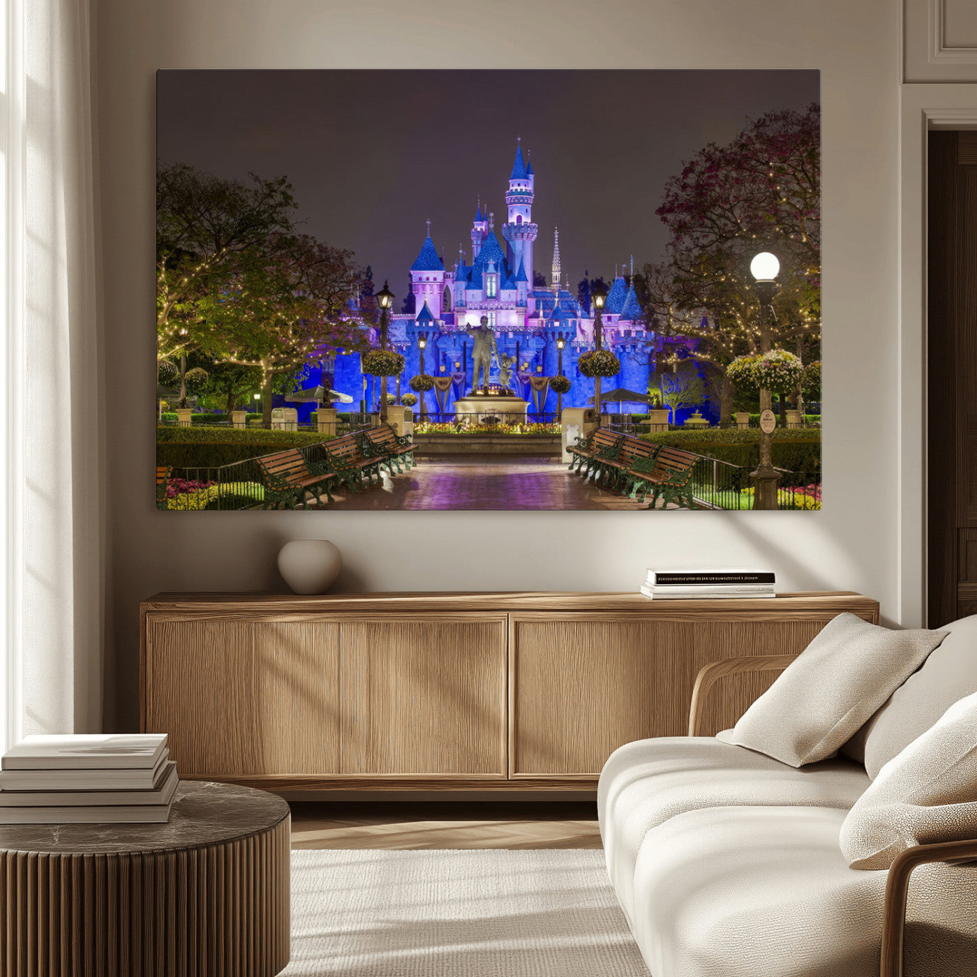63560-MGV-CV-36X24-Fairy Tale Castle Wall Art – Magical Night Scene Canvas Print with Lights and Gardens, Fantasy Architecture Artwork for Living