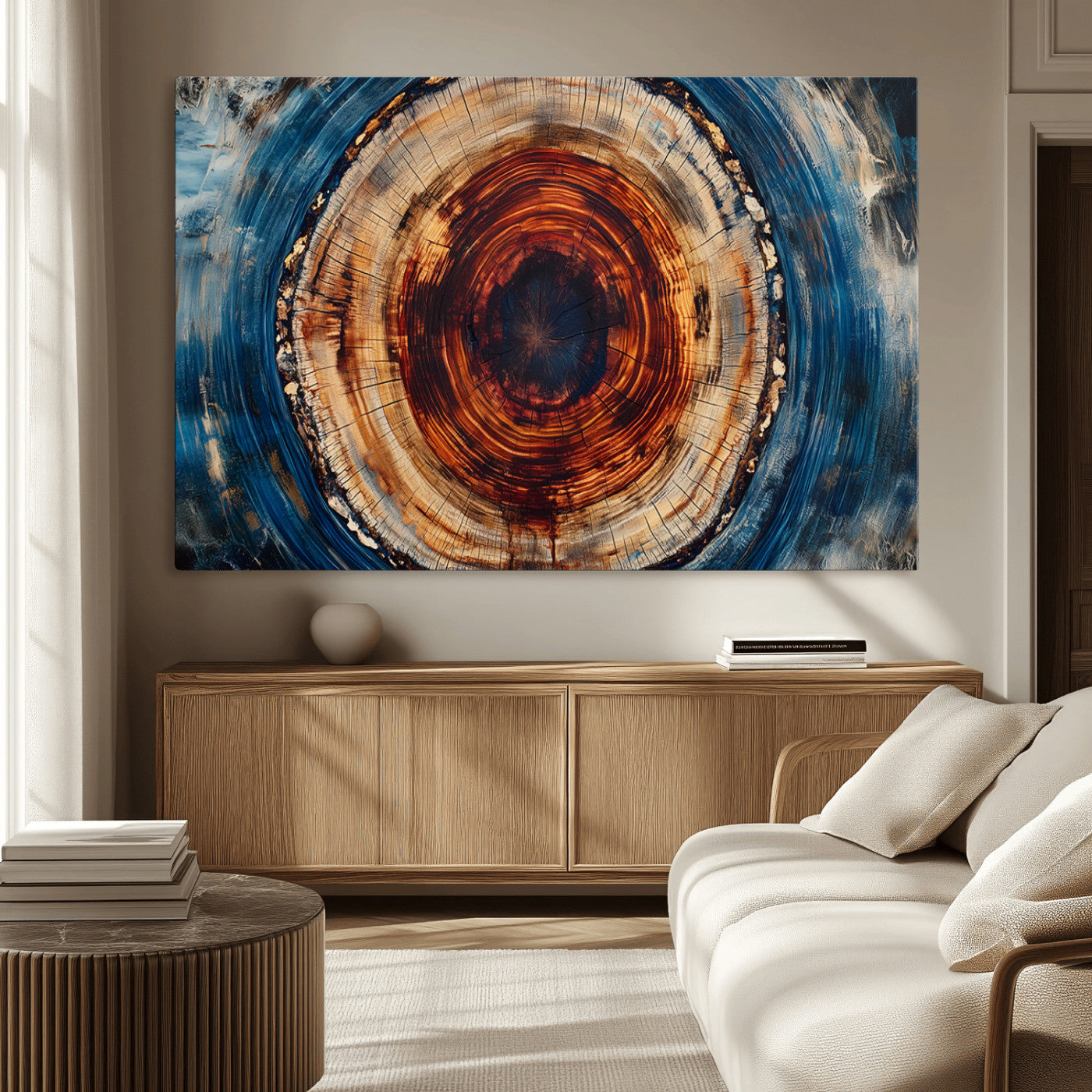 90395-MGV-CV-36X24-Tree Ring Wall Art – Abstract Wood Grain Canvas Print with Fiery Red and Blue Tones, Bold Rustic Nature Inspired Artwork Decor for