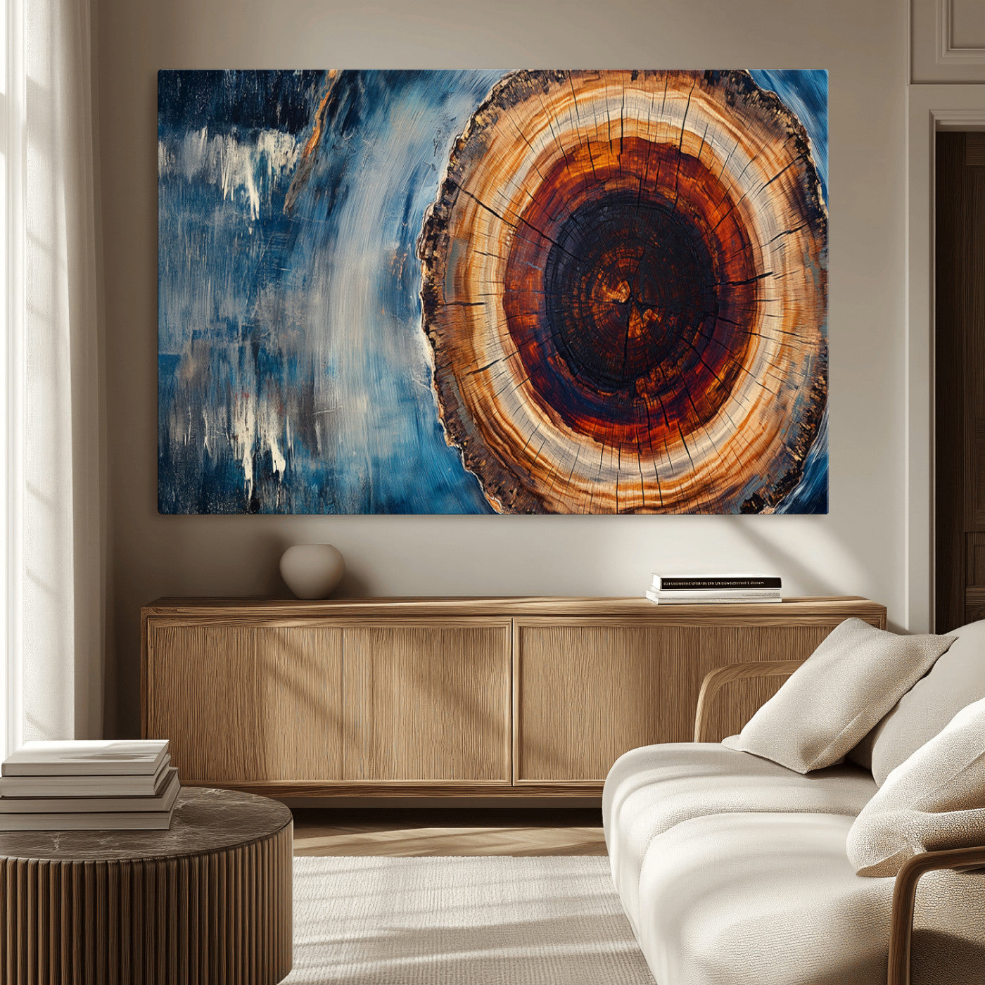 48045-MGV-CV-36X24-Tree Ring Abstract Wall Art – Rustic Wood Grain Canvas Print with Brown Center and Blue Brush Strokes, Nature Inspired Artwork for