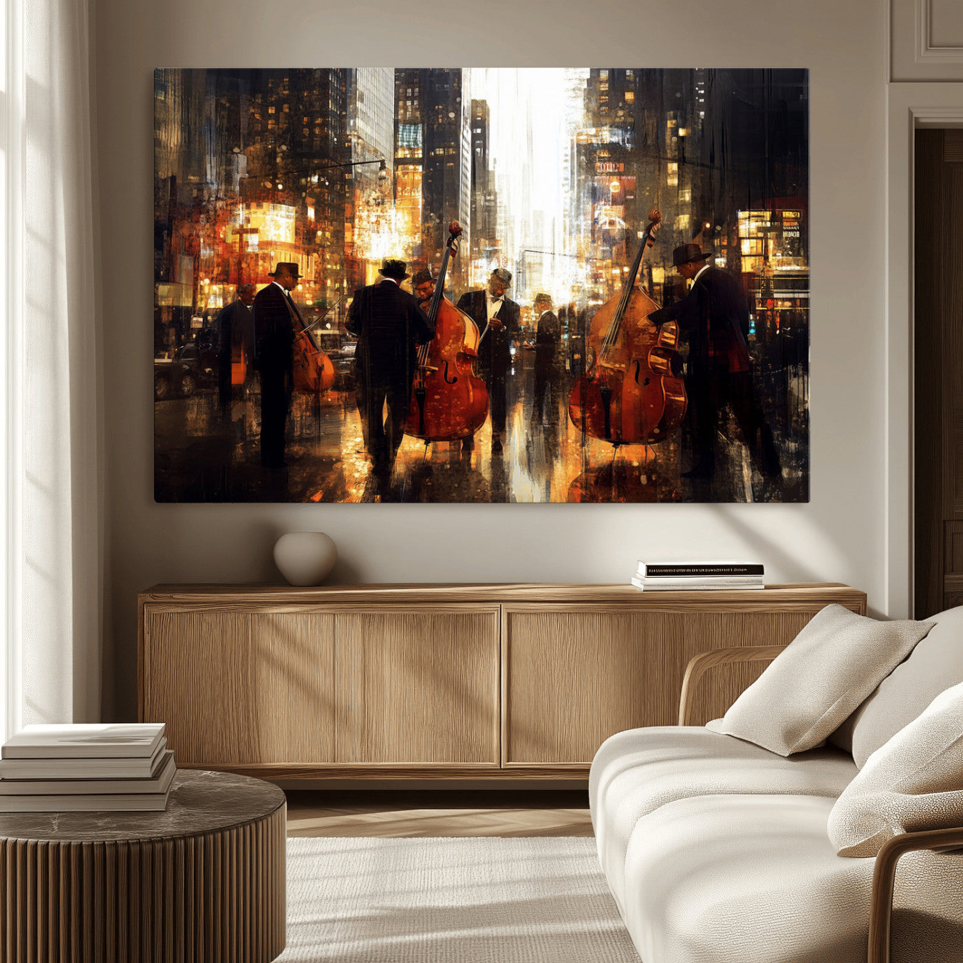 58782-MGV-CV-36X24-Jazz Musicians Cityscape Wall Art – Vibrant Urban Night Canvas Print, Elegant Music Themed Decor for Living Room, Office, or Music