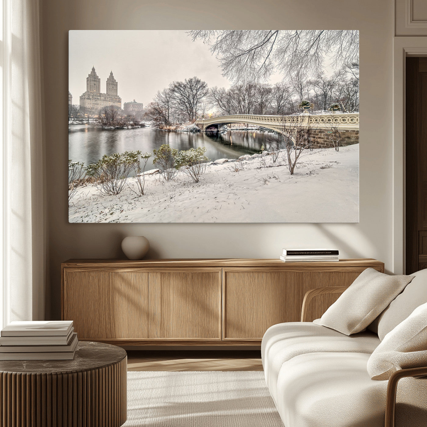 60292-MGV-CV-36X24-Central Park Winter Wall Art – Snowy Bow Bridge Canvas Print, Scenic New York City Landscape Photography for Living Room, Bedroom