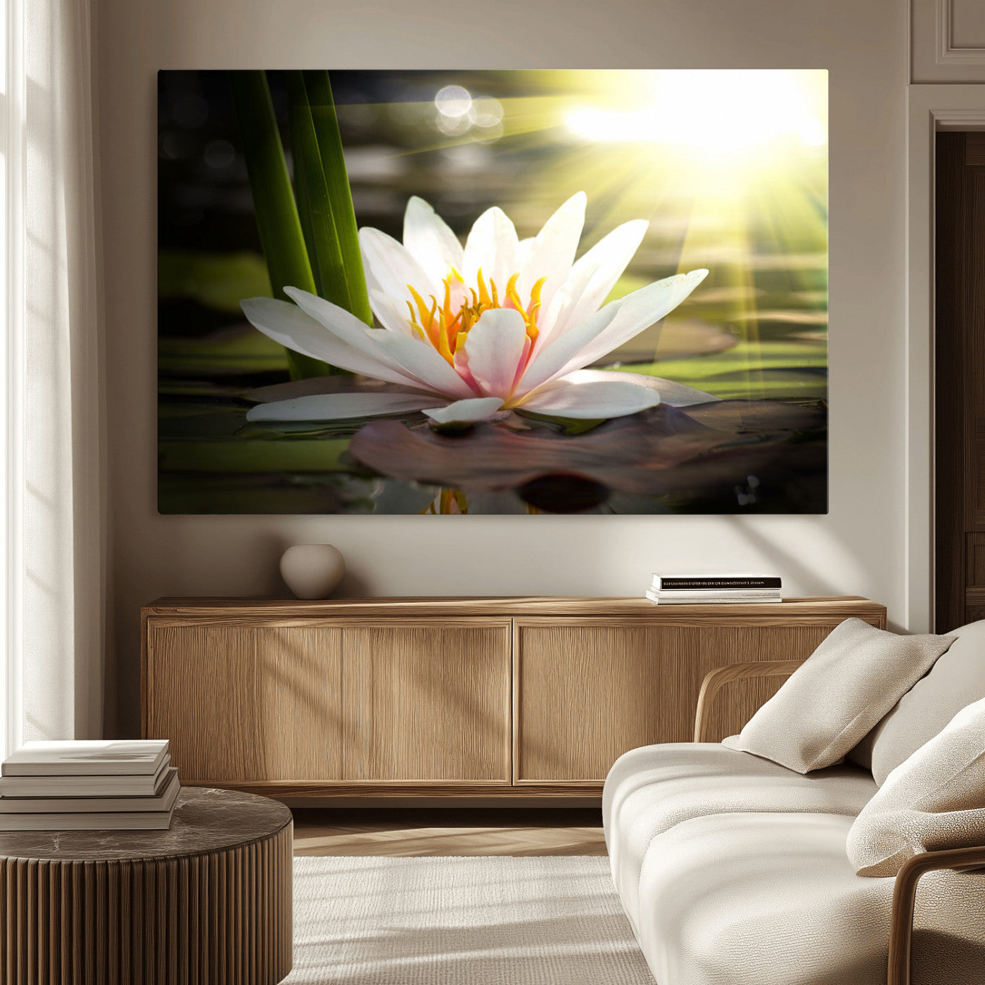 40478-MGV-CV-36X24-Water Lily Wall Art – White Lotus Flower Canvas Print with Sunlight Reflection, Serene Botanical Artwork for Living Room, Bedroom,