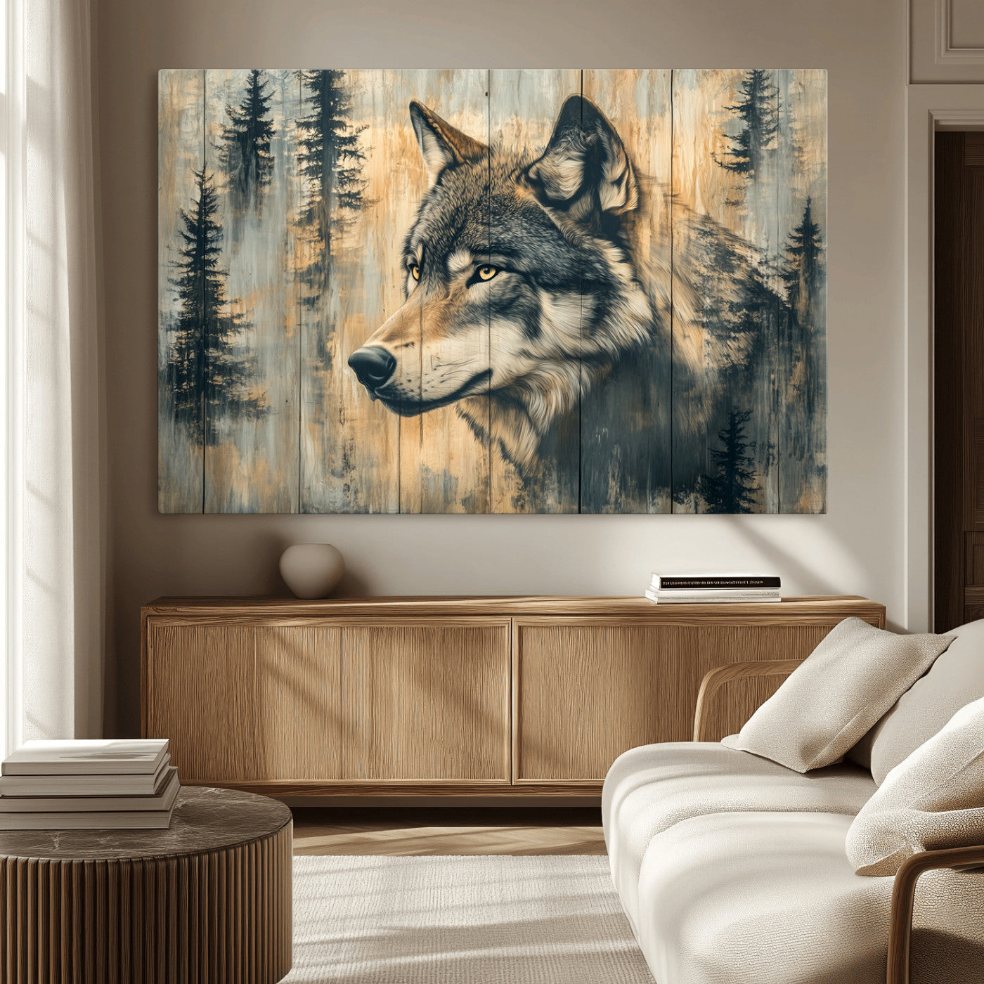51892-MGV-CV-36X24-Wolf Wall Art – Rustic Canvas Print of Wolf with Forest Trees on Wood Texture, Wildlife Lodge Artwork for Living Room, Bedroom,