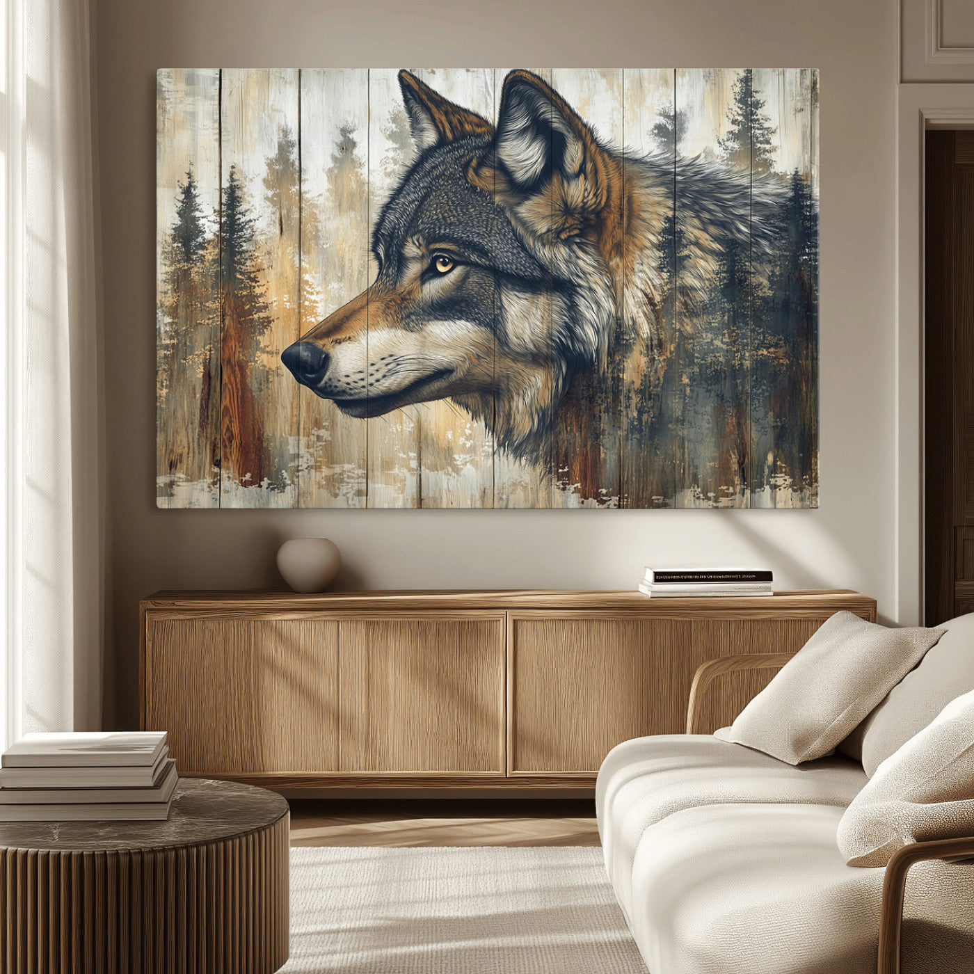 91882-MGV-CV-36X24-Wolf Wall Art – Rustic Canvas Print of Forest Wolf on Wood Background, Wildlife Lodge Artwork for Living Room, Bedroom, Cabin, or