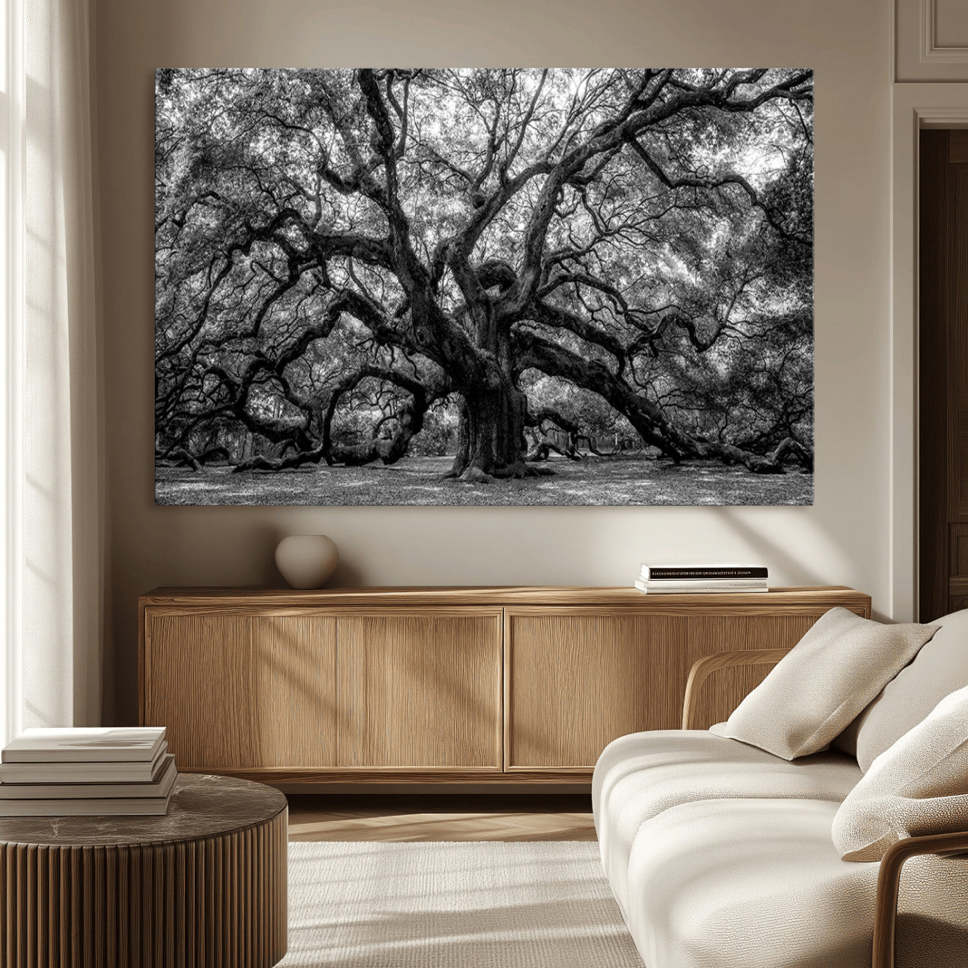 132944706-MGV-CV-36X24-Ancient Tree Wall Art – Black and White Photography Canvas Print Featuring Majestic Twisting Branches, Rustic Nature Artwork for