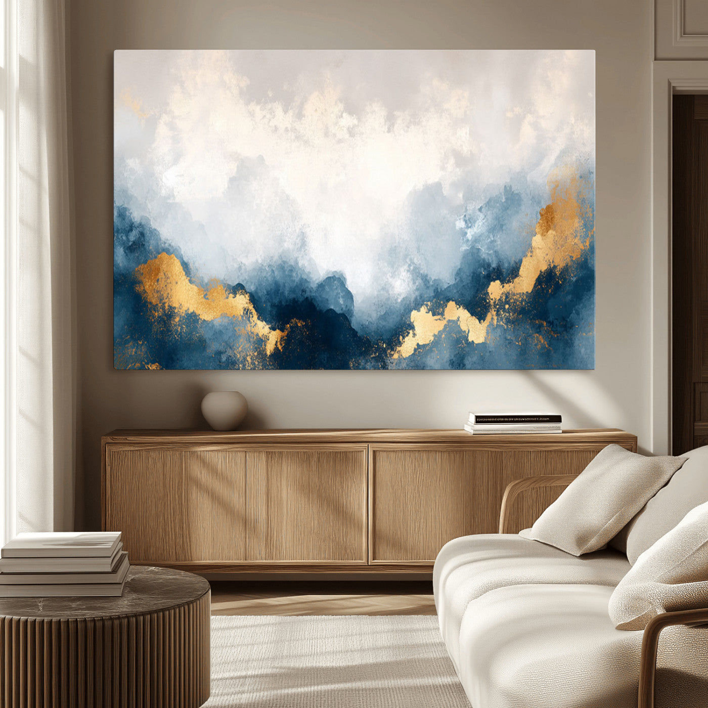 14578-MGV-CV-36X24-Abstract Wall Art – Modern Canvas Print Featuring Blue and White Clouds with Golden Accents, Contemporary Elegant Artwork for