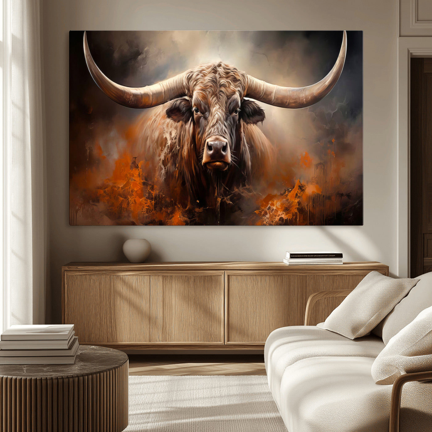 240479-MGV-CV-36X24-Longhorn Bull Wall Art – Dramatic Western Canvas Print Featuring Horned Bull with Fiery Background, Rustic Farmhouse Artwork for