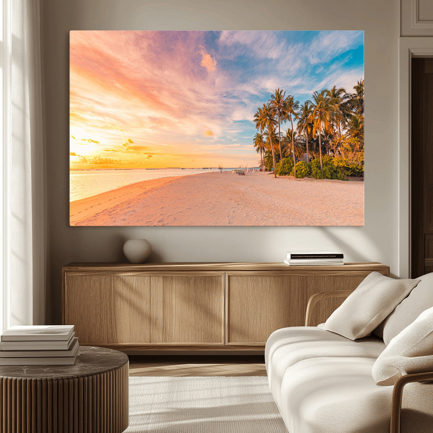 41542880-MGV-CV-36X24-Tropical Beach Wall Art Canvas Print, Framed Palm Trees Art Picture Print, Sunset Shore Perfect Tropical Coastal Decor Artwork