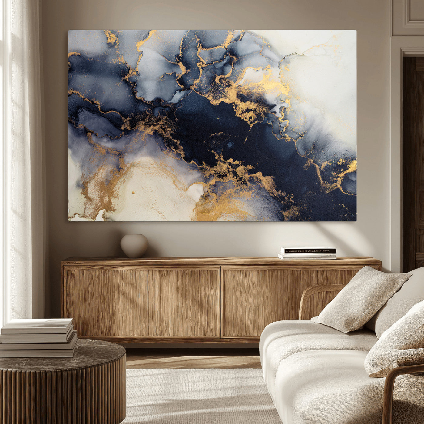 41136487-MGV-CV-36X24-Black Marble Wall Art Canvas Print, Framed Gold Veins Art Picture Print, Abstract Texture Perfect Moody Luxe Decor Artwork