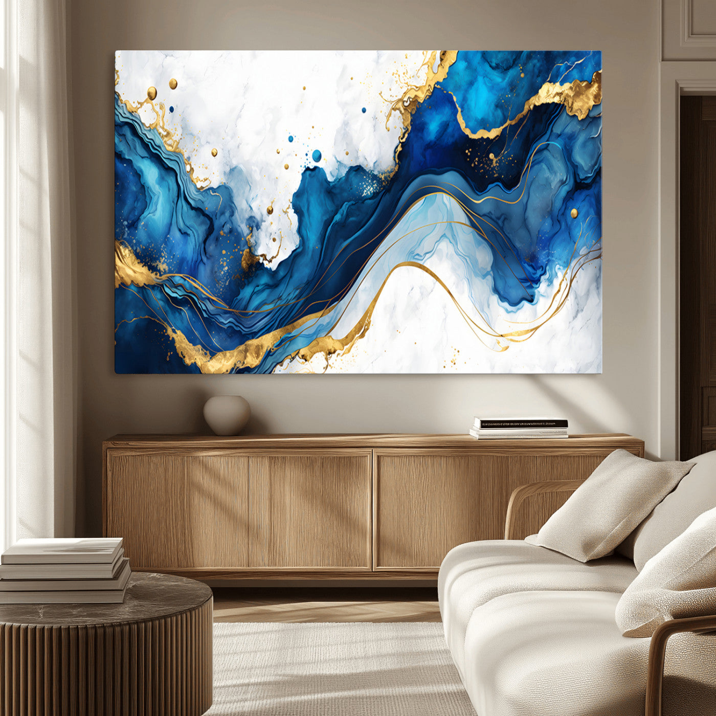 33506371-MGV-CV-36X24-Blue Marble Wall Art Canvas Print, Framed Gold Splash Art Picture Print, Abstract Wave Perfect Modern Luxe Decor Artwork