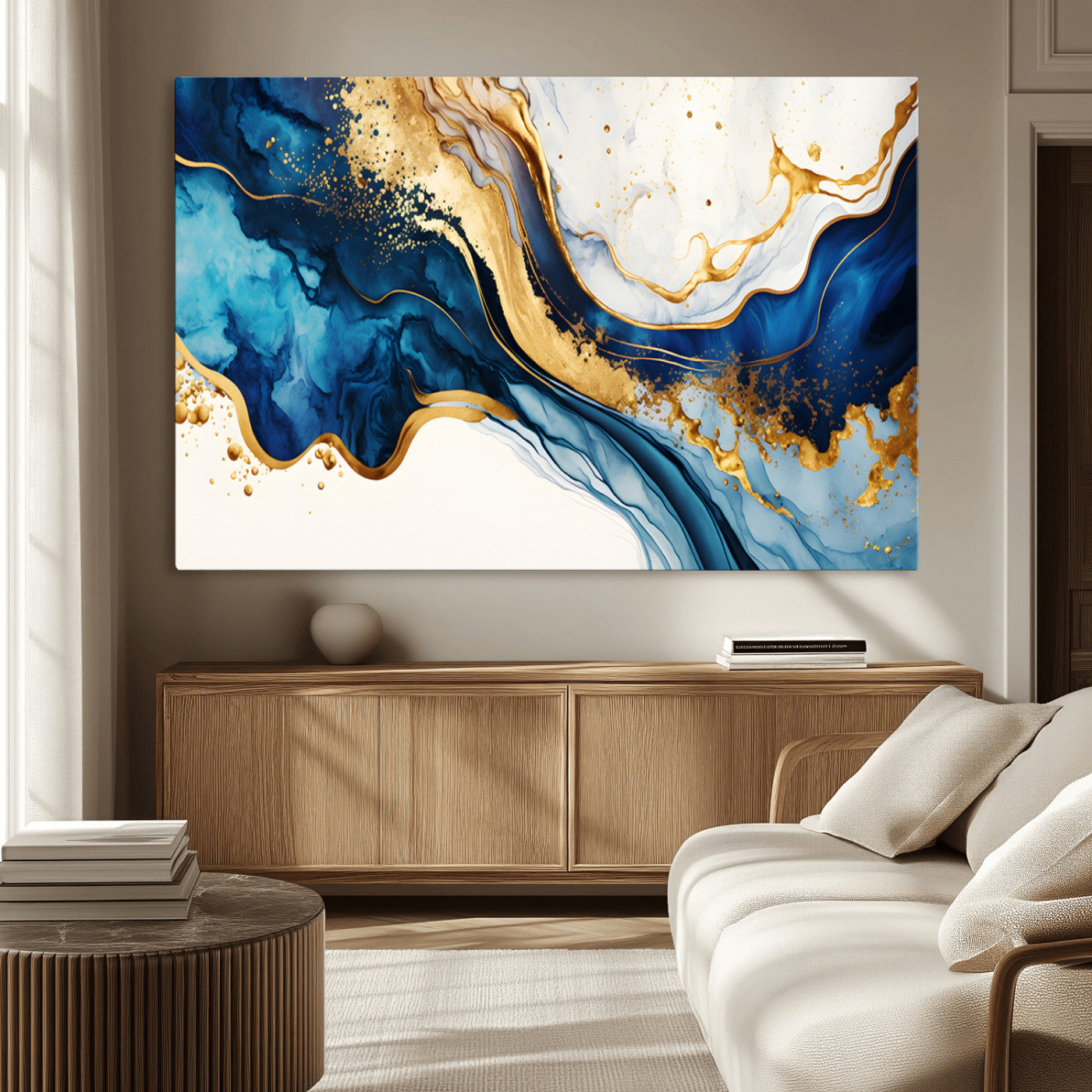 60283636-MGV-CV-36X24-Blue Gold Flow Wall Art Canvas Print, Framed Marble Texture Art Picture Print, Elegant Splash Perfect Elegant Abstract Decor