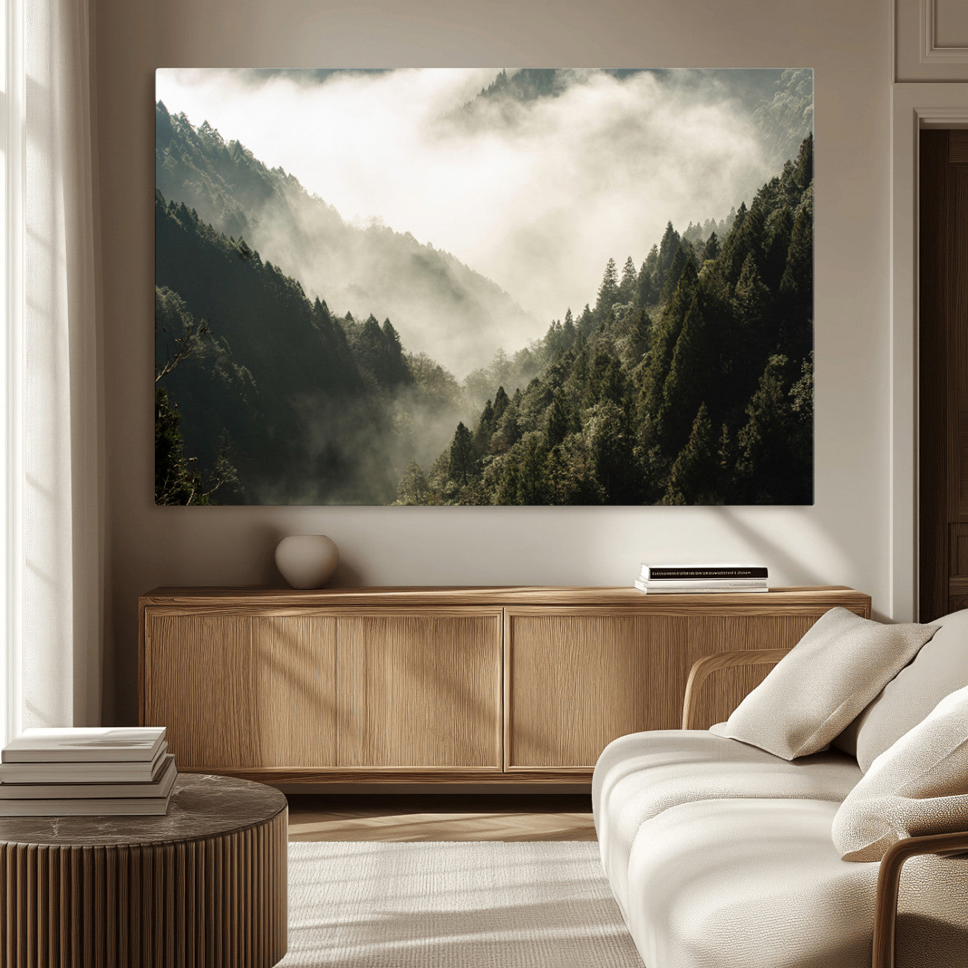 57570237-MGV-CV-36X24-Misty Valley Wall Art Canvas Print, Framed Foggy Forest Art Picture Print, Pine Trees Perfect Moody Woodland Decor Artwork