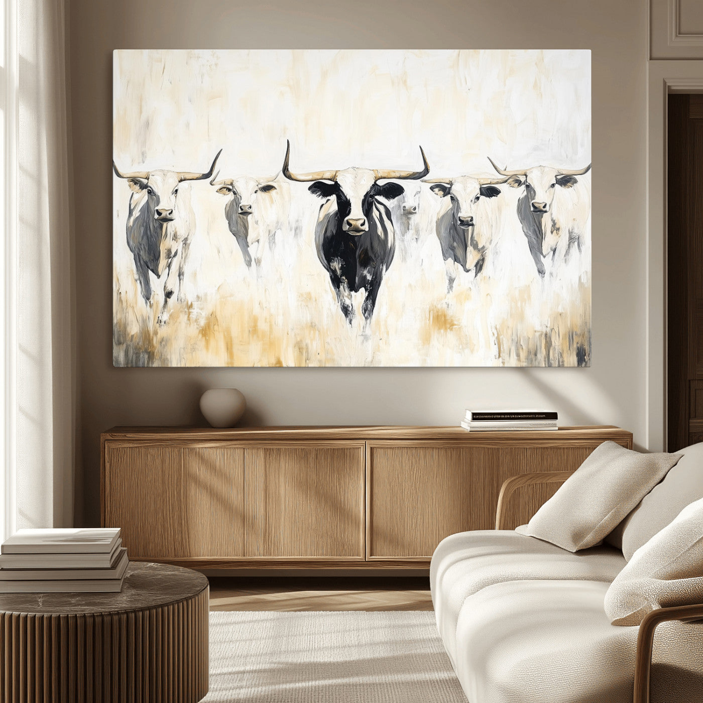 40397799-MGV-CV-36X24-Texas Longhorn Wall Art Canvas Print, Framed Rustic Herd Art Picture Print, Western Bull Perfect Neutral Western Decor Artwork