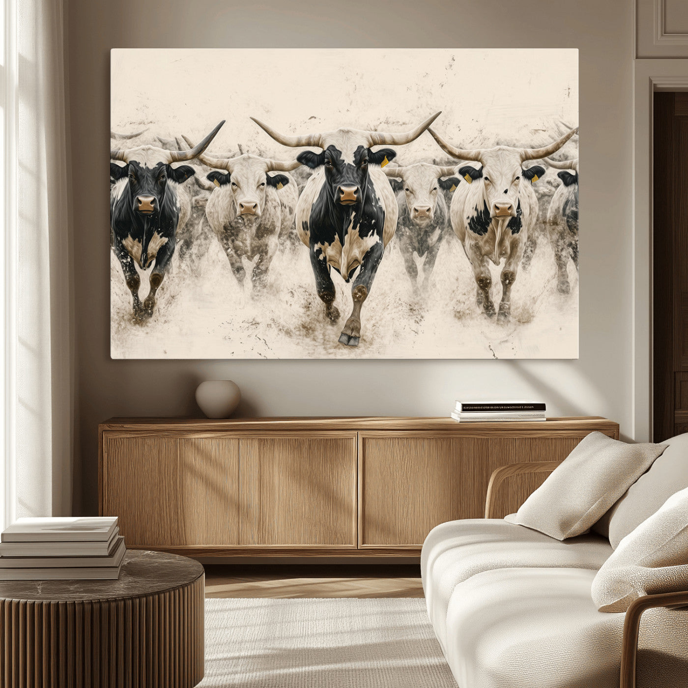 61538944-MGV-CV-36X24-Texas Longhorn Wall Art Canvas Print, Framed Cattles Walking Art Picture Print, Black White Bulls Perfect Rustic Western Decor