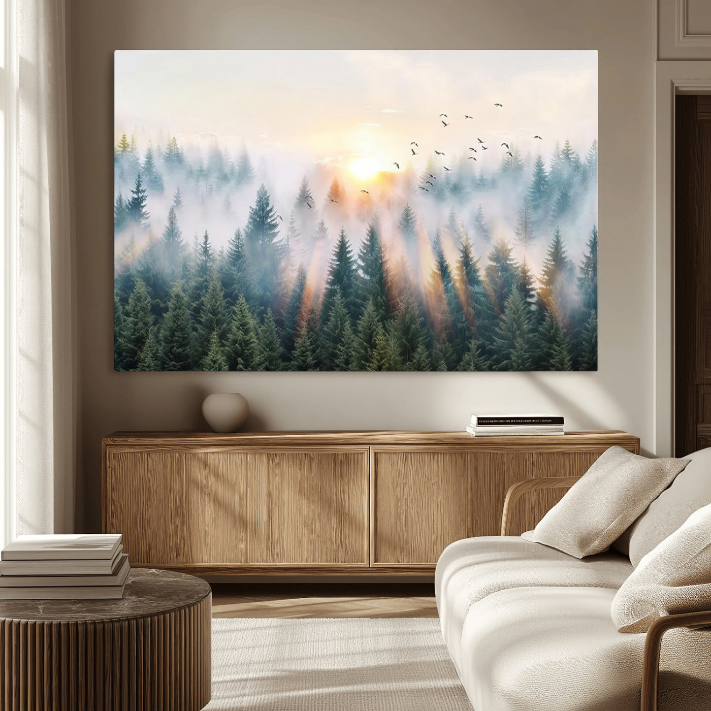 92718976-MGV-CV-36X24-Misty Forest Wall Art Canvas Print, Framed Sunrise Pines Art Picture Print, Foggy Woodland Perfect Moody Woodland Decor Artwork