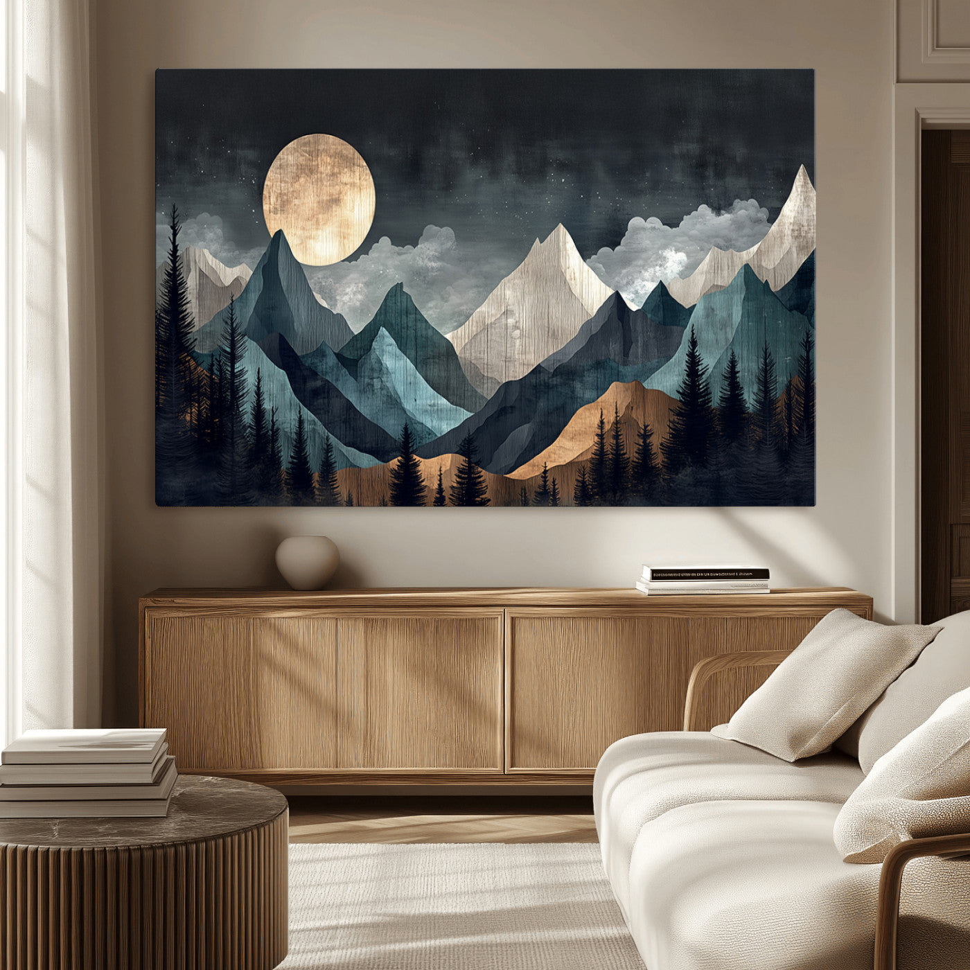 11060882-MGV-CV-36X24-Moonlit Mountains Wall Art Canvas Print, Framed Forest Silhouette Art Picture Print, Night Landscape Perfect Modern Forest Decor