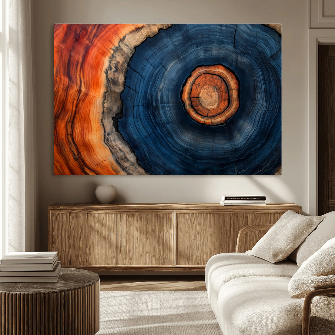 72209152-MGV-CV-36X24-Abstract Tree Ring Wall Art – Vibrant Blue Orange Wood Grain Canvas Print, Rustic Modern Nature Artwork for Living Room, Office,
