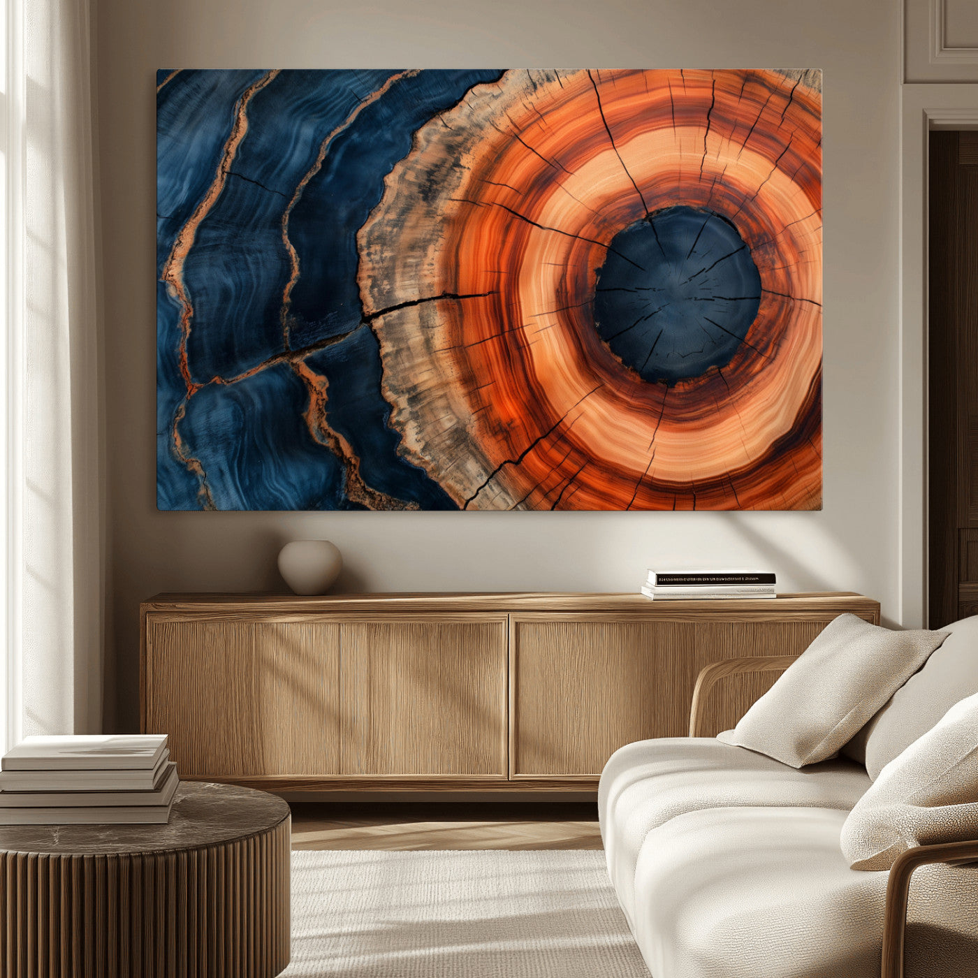 41123192-MGV-CV-36X24-Tree Ring Canvas Wall Art – Abstract Blue Orange Wood Grain Print, Rustic Modern Nature Artwork for Living Room, Bedroom, Office