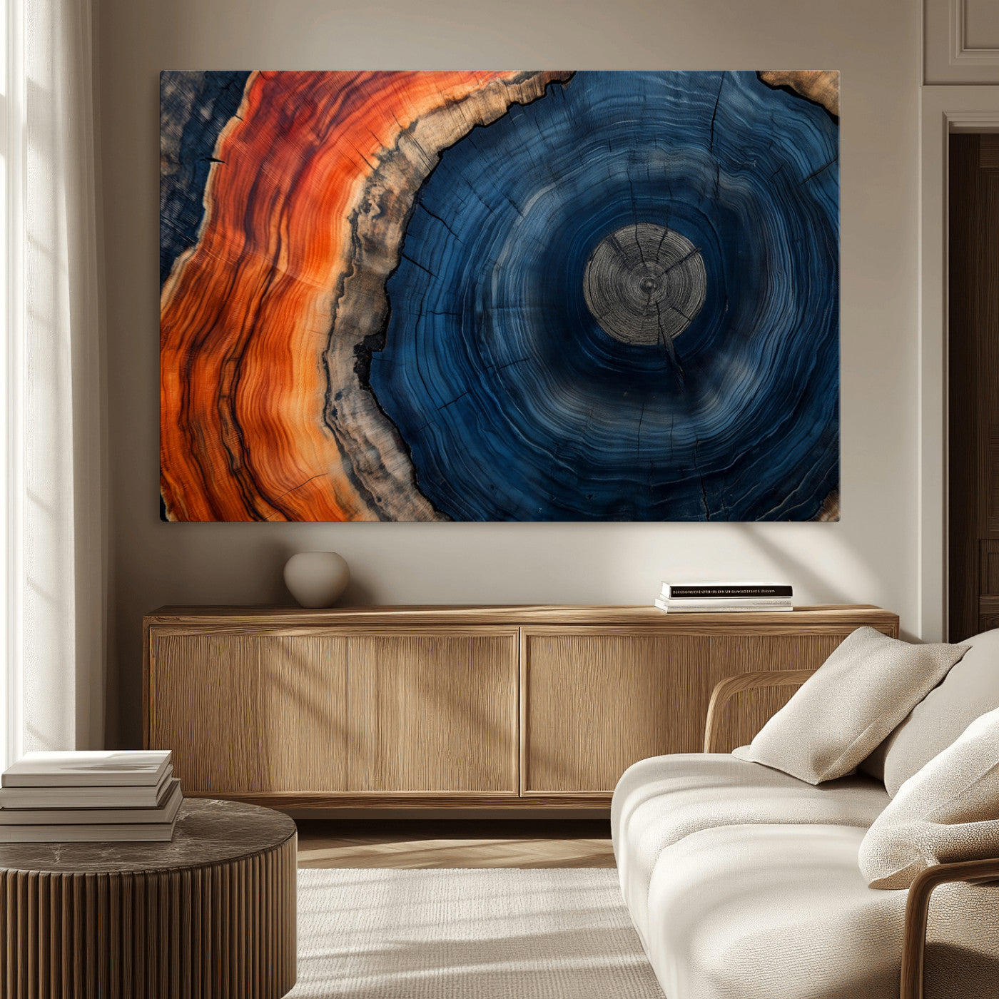 99491700-MGV-CV-36X24-Tree Ring Canvas Wall Art – Blue Orange Abstract Wood Grain Print, Rustic Modern Nature Artwork for Living Room, Office, Bedroom