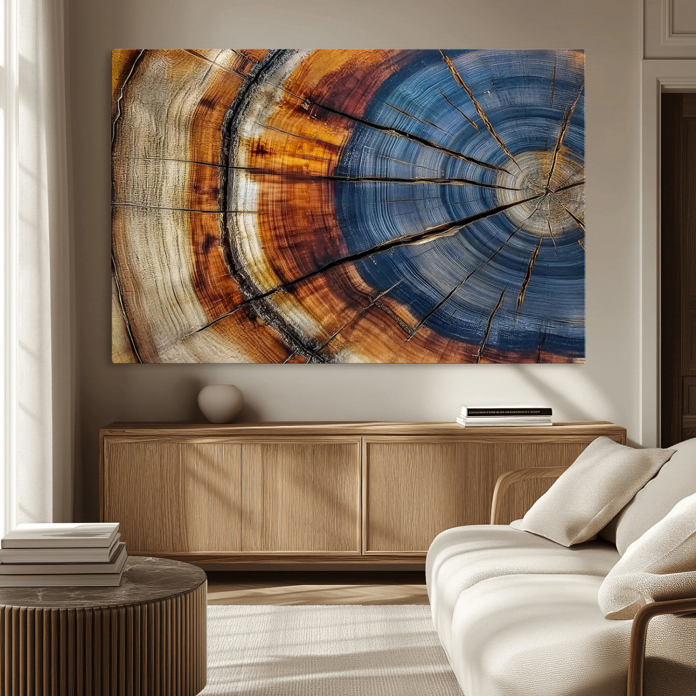 18032999-MGV-CV-36X24-Tree Ring Wall Art – Blue Brown Abstract Wood Slice Canvas Print, Rustic Modern Nature Decor for Living Room, Office, Bedroom or