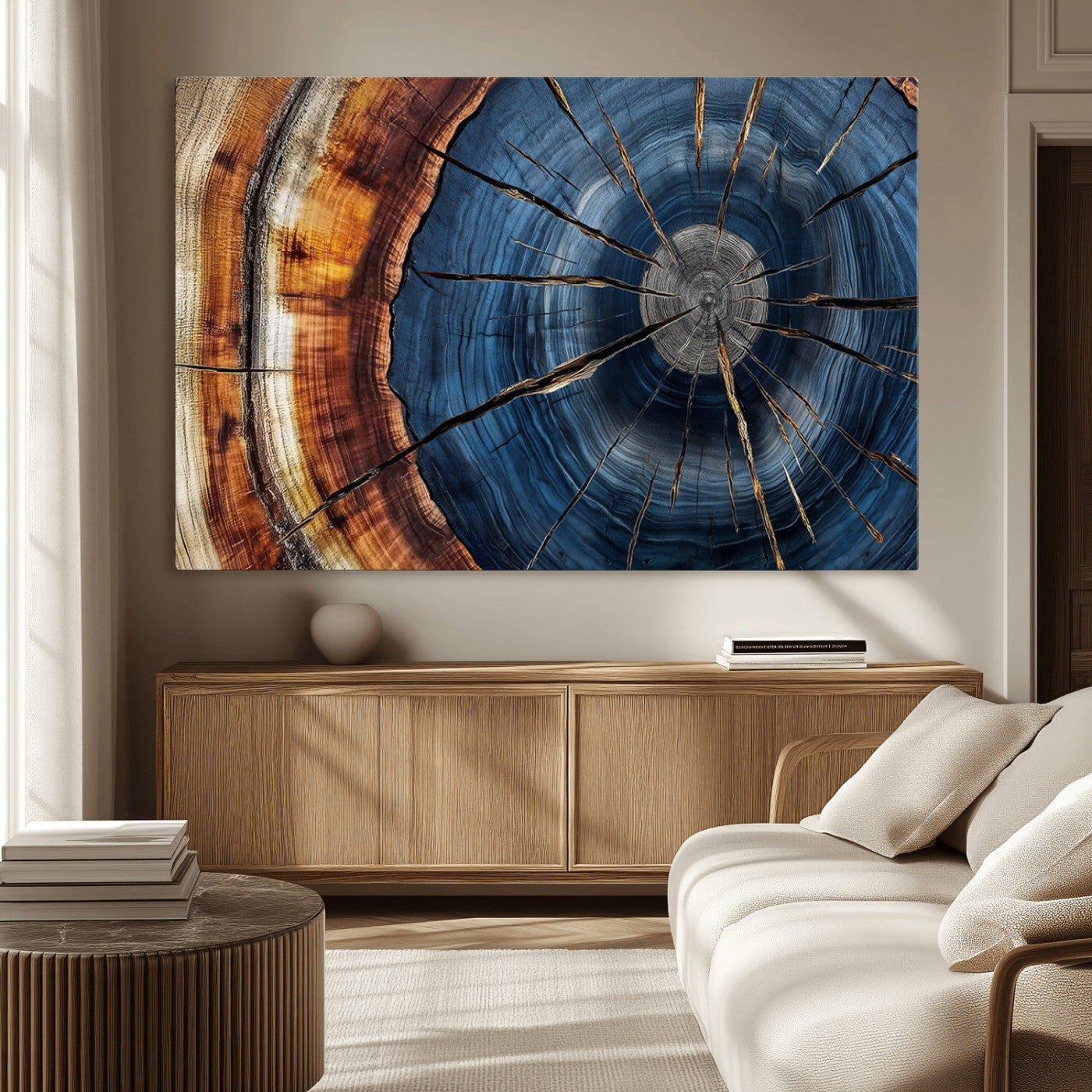 45268471-MGV-CV-36X24-Blue Tree Ring Wall Art – Rustic Wood Cross Section Canvas Print, Modern Abstract Nature Decor for Living Room, Office, or Cabin