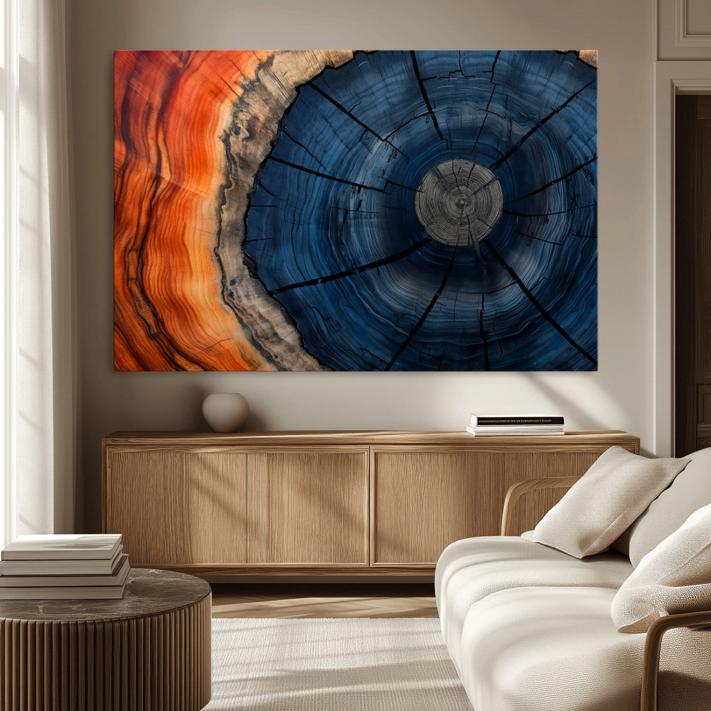 26110607-MGV-CV-36X24-Blue and Orange Tree Ring Wall Art – Abstract Wood Cross Section Canvas Print, Modern Rustic Nature Decor for Living Room, Office,