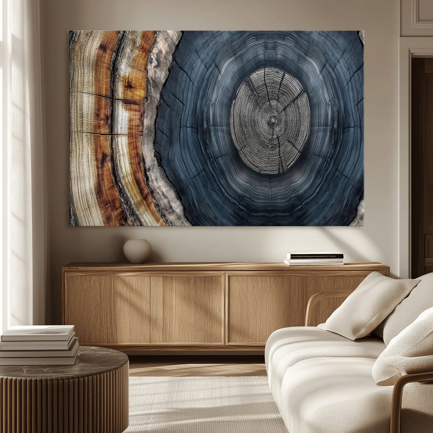 91368647-MGV-CV-36X24-Smoky Blue Tree Ring Wall Art – Rustic Wood Cross Section Canvas Print, Modern Nature Inspired Decor for Living Room, Office, or