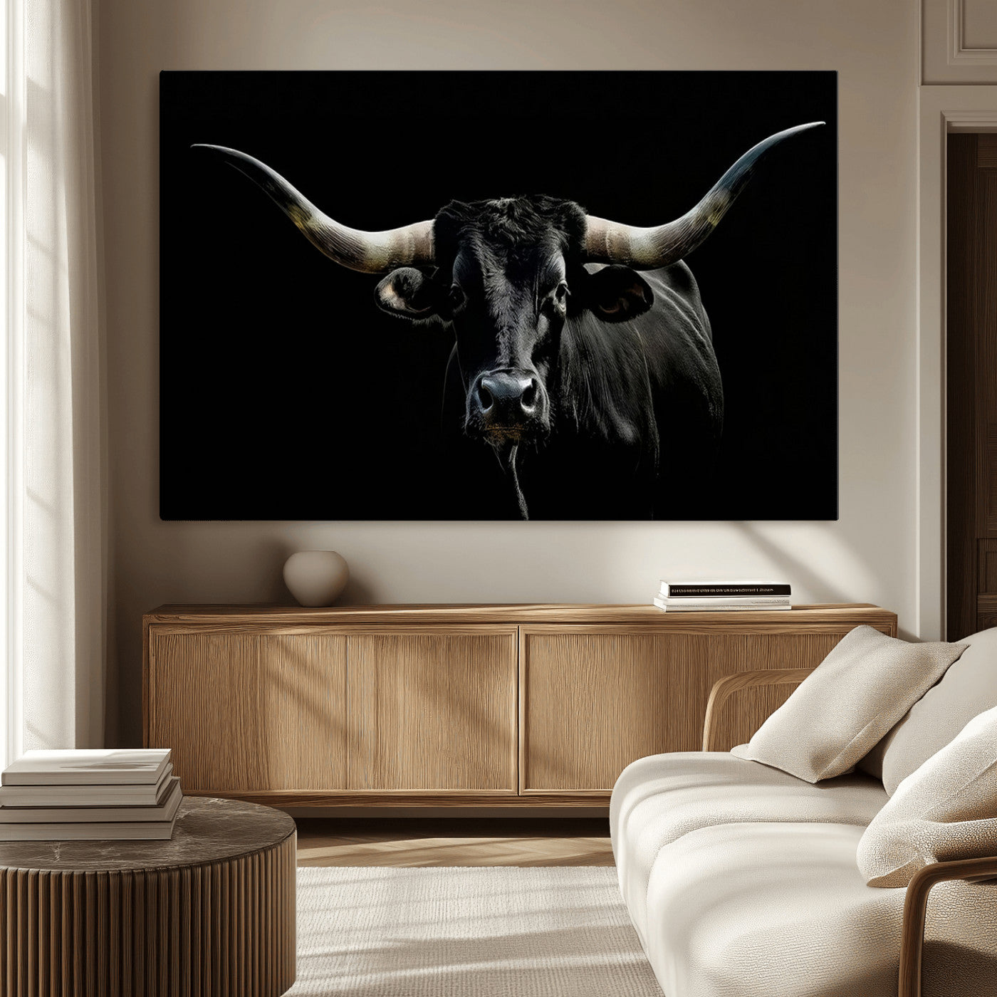 37531960-MGV-CV-36X24-Black Longhorn Bull Wall Art – Dramatic Western Cattle Canvas Print, Rustic Farmhouse Animal Artwork for Living Room, Bedroom,