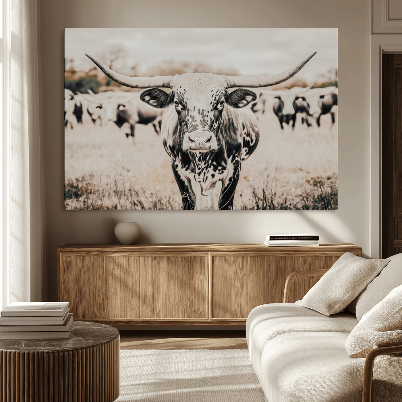 27497342-MGV-CV-36X24-Texas Longhorn Wall Art Canvas Print, Framed Speckled Cow Art Picture Print, Horned Cattle Perfect Rustic Western Decor Artwork