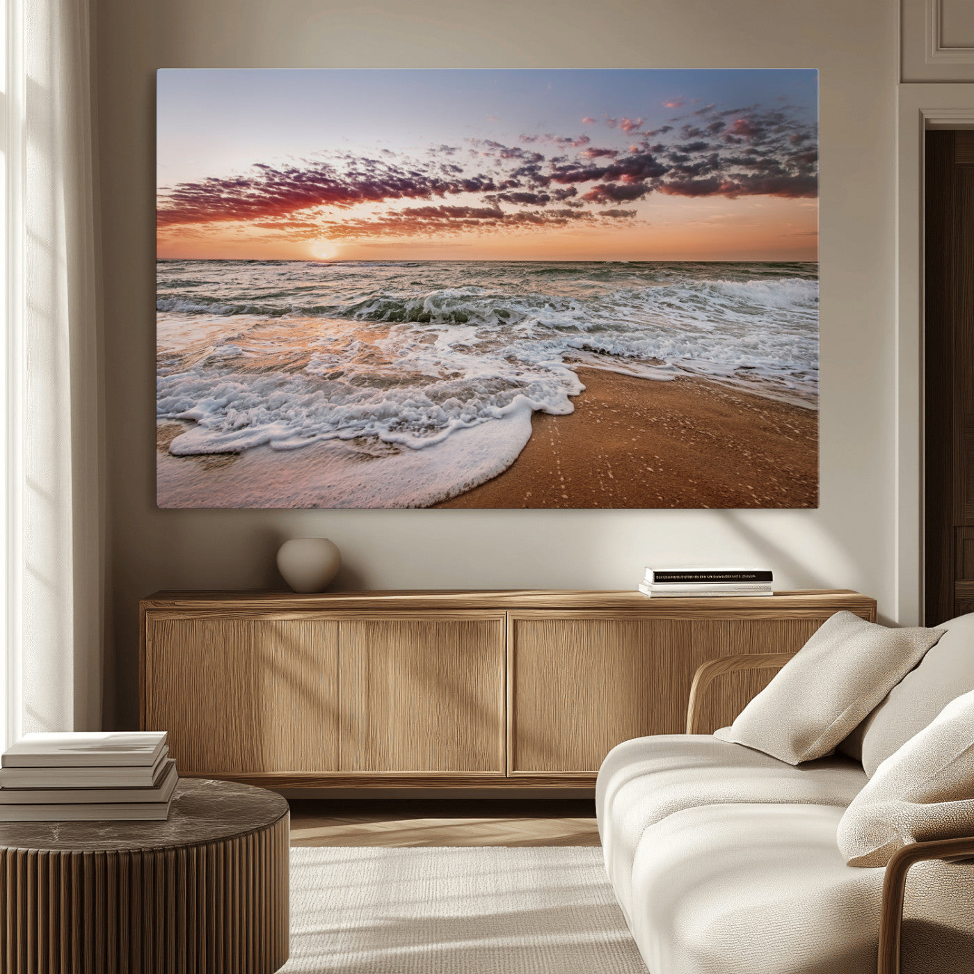 39846389-MGV-CV-36X24-Ocean Sunset Wall Art Canvas Print, Framed Sandy Shore Art Picture Print, Gentle Waves Perfect Minimalist Coastal Decor Artwork