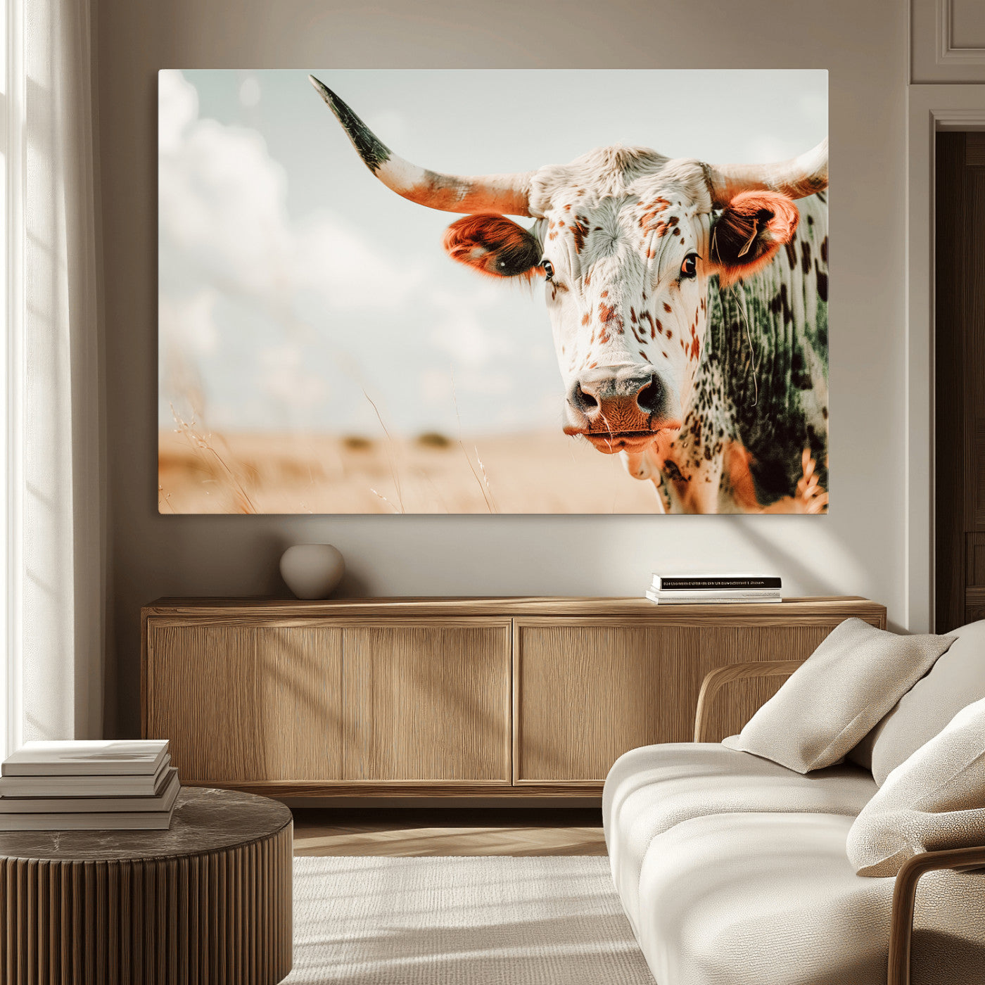 72766375-MGV-CV-36X24-Texas Longhorn Wall Art Canvas Print, Framed Spotted Cow Art Picture Print, Horned Cattle Perfect Rustic Western Decor Artwork